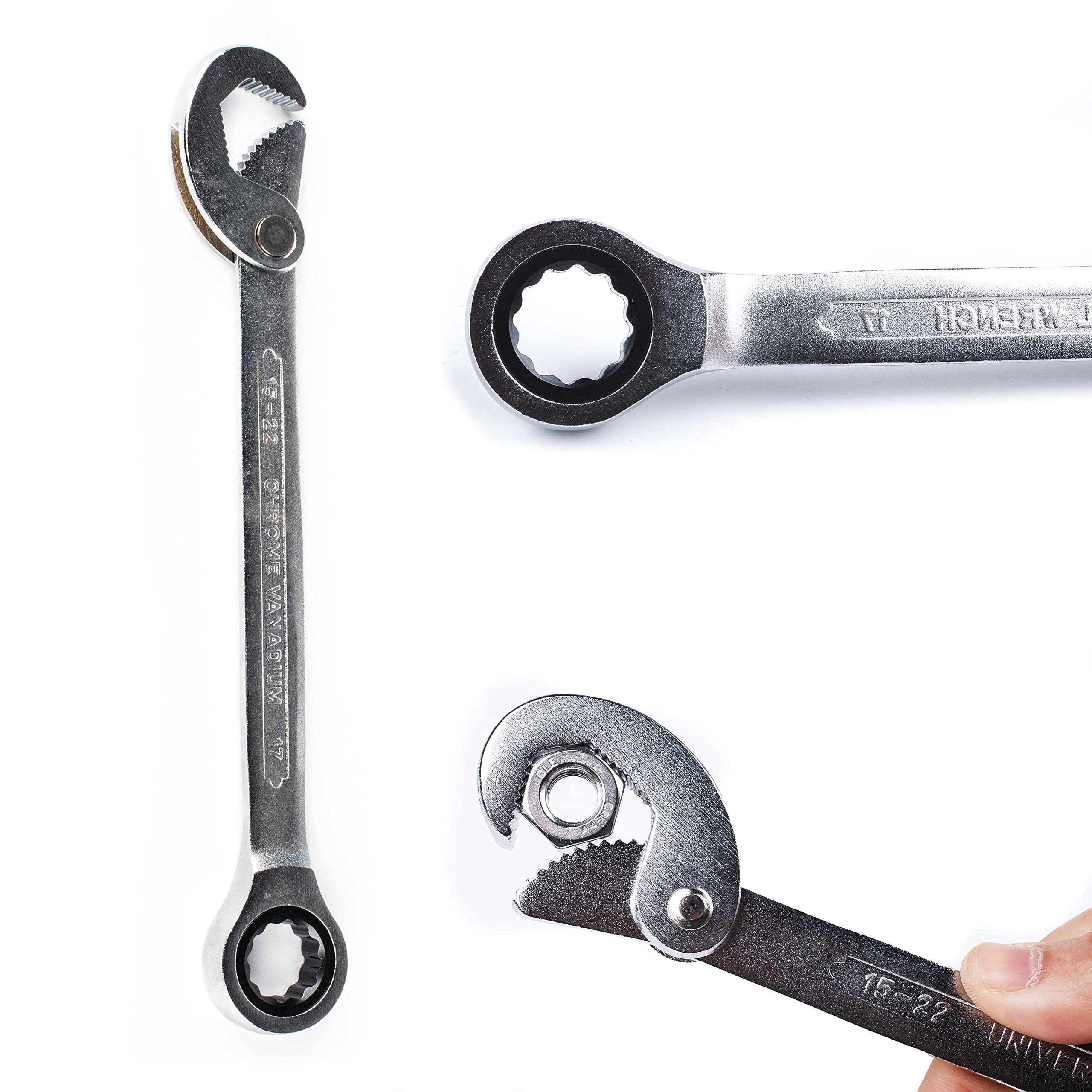 J.H.BanHan 2 in 1 Multi-function Ratchet Wrench, Flex-Head 17-22mm Wrenches, Professional Chrome Vanadium Steel Ratchet Wrenches, Combination Ended Standard (14“)
