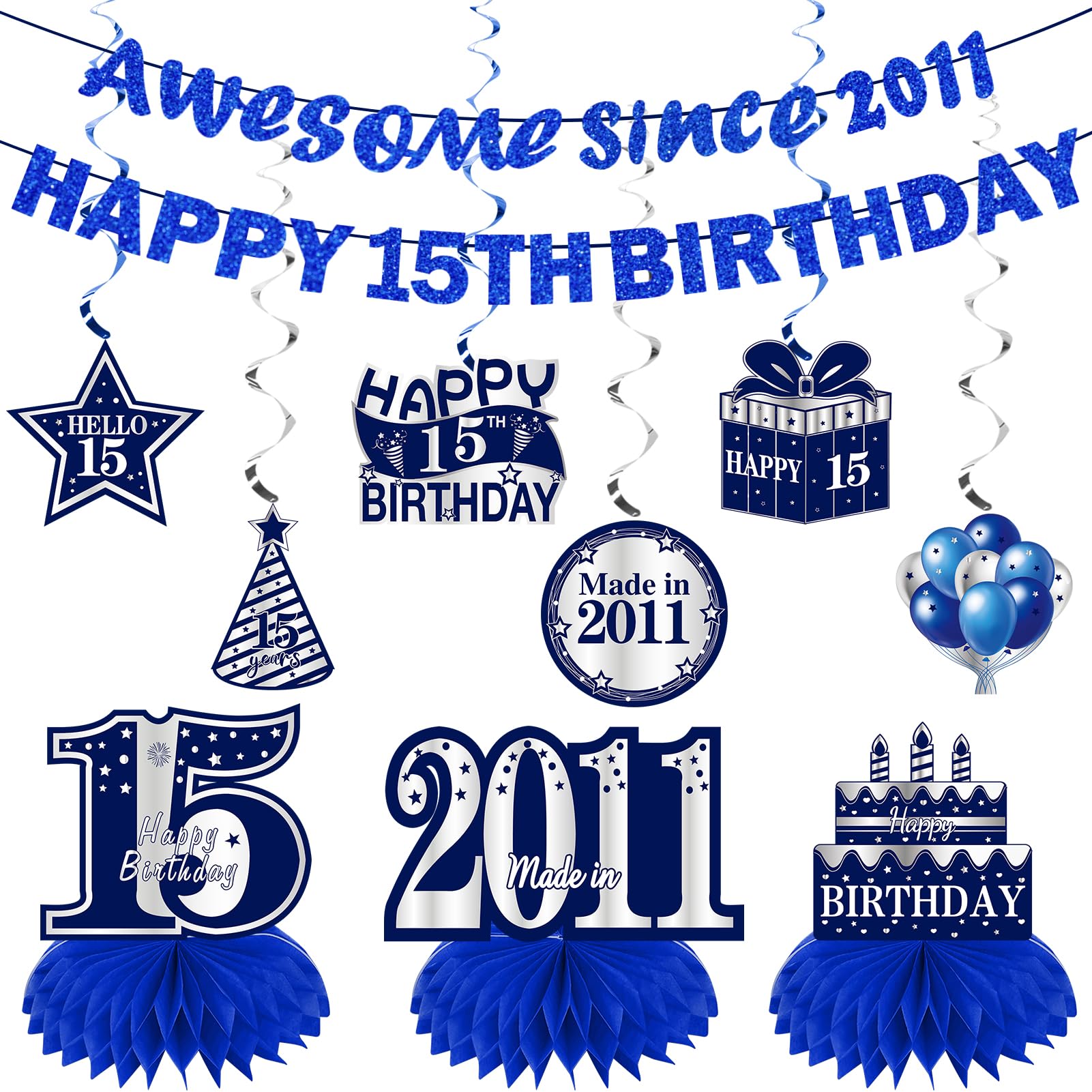 Photo 1 of Kuxriox 11Pcs 15th Birthday Decorations Kit for Boys Men, Blue Sliver Happy 15th Birthday Banner, Awesome Since 2011 Centerpieces Swirls Party Supplies, Fifteen Bday Banner Ceiling Table Topper Sign