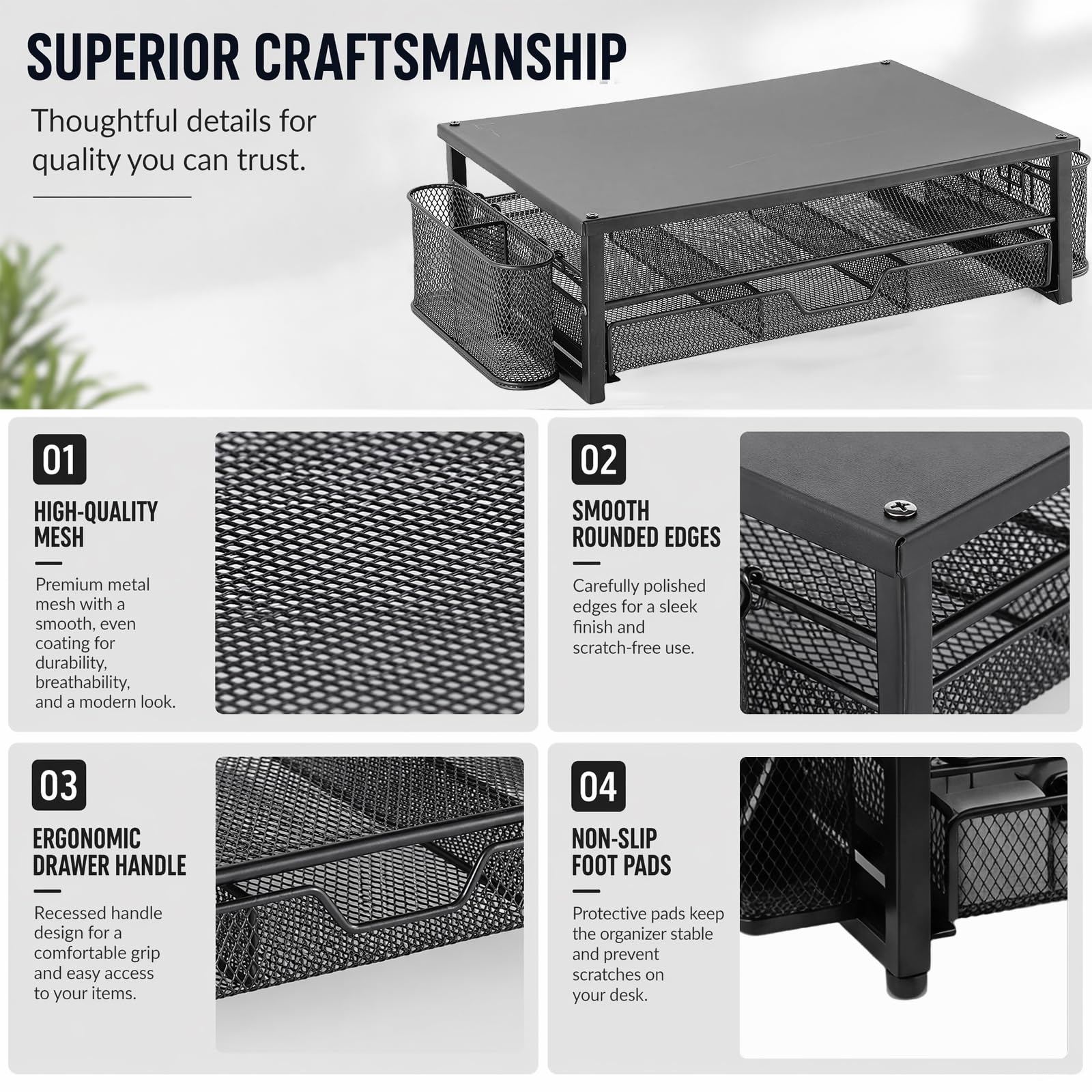 Supporto per monitor con cassetto e 2 portapenne, rialzo ergonomico da scrivania per laptop e schermo, organizer multifunzionale a 2 livelli per ufficio e home office (nero)