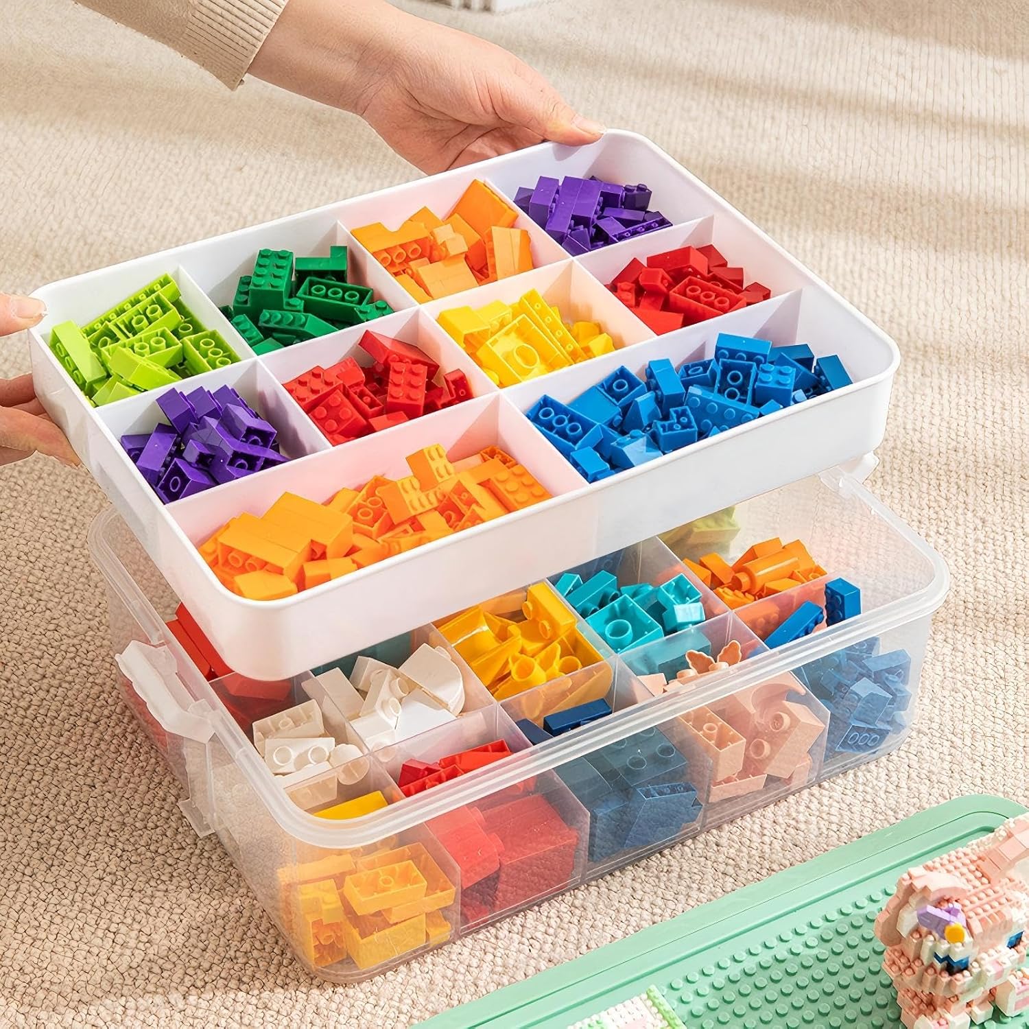 3-Tier Storage Box of Bricks for Lego, PP+ABS Stackable Organizer 14.17"×9.84"×12.01" with Lids, Green