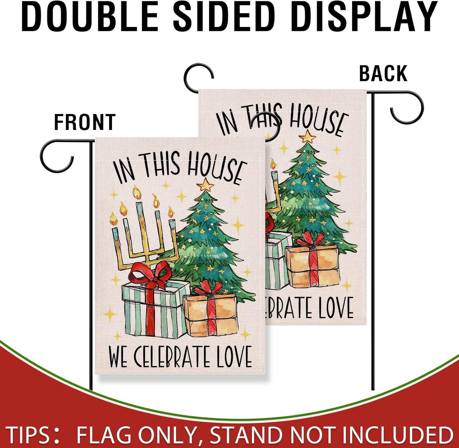 Artofy Christmas Tree Gifts Candle Small Decorative Garden Flag, Xmas in This House We Celebrate Love Yard Lawn Outside Decor, Winter Holiday Burlap Outdoor Home Decoration Double Sided 12 x 18 - Image 3