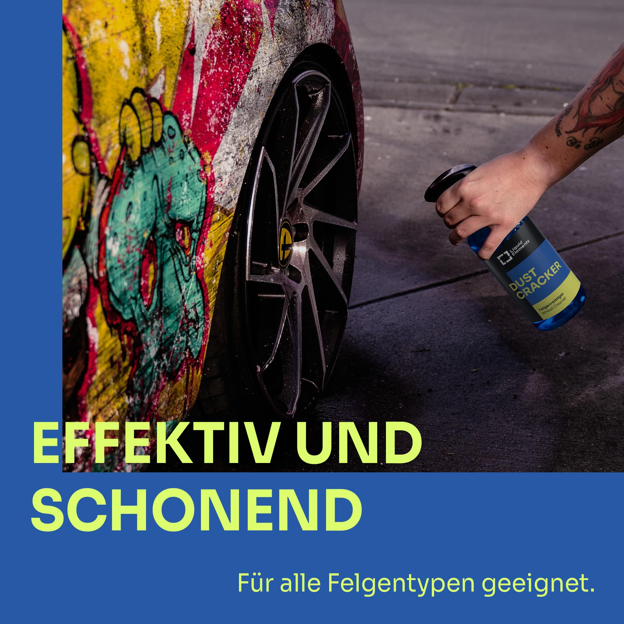 Liquid Elements Dust Cracker Set Ultra, 3x1L + Bürste M & XL + Tücher | Felgenreinigerspray inkl. Sprühflasche, für alle Felgentypen, säurefrei, effektive Reinigung & Pflege