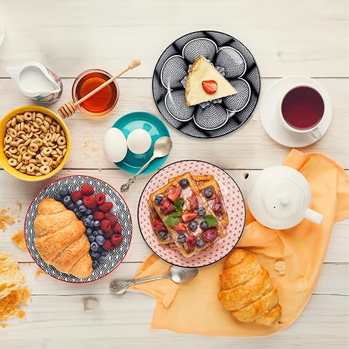 Miniatura 7 de ZOOFOX Juego de 6 platos llanos de cerámica, platos redondos de cerámica de 7 pulgadas, diseño de artes abstractas, platos de postre para