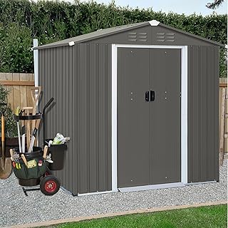 6x4 Ft Storage Shed, Galvanized Steel Sheds & Outdoor Storage Cabinet with Sliding Door, Garden Metal Shed for Tool, Bike, Lawn Mower, Backyard, Patio, Olive Gray