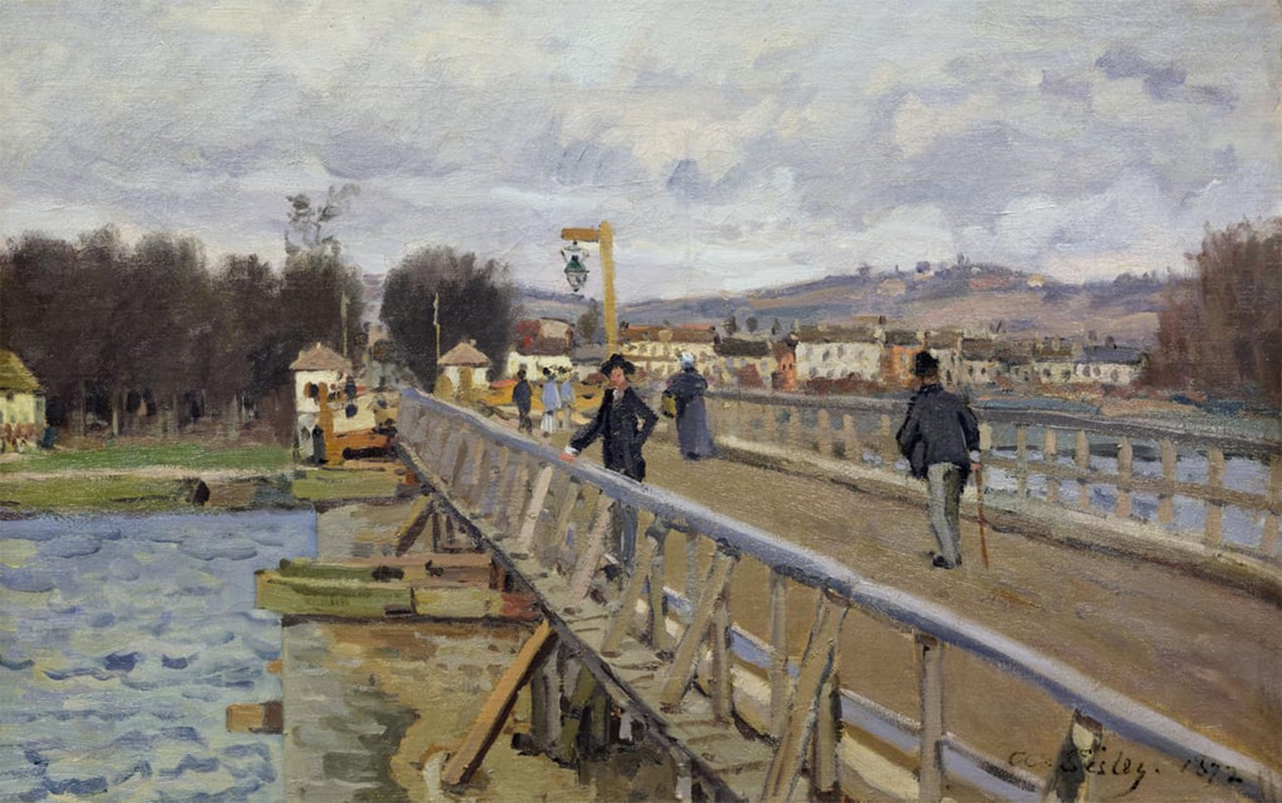 SERENDIPITP Vintage Picture Print on Canvas Wall Art Poster Footbridge At Argenteuil by Alfred Sisle Artwork Print Poster for Wall Decor 60x90cm