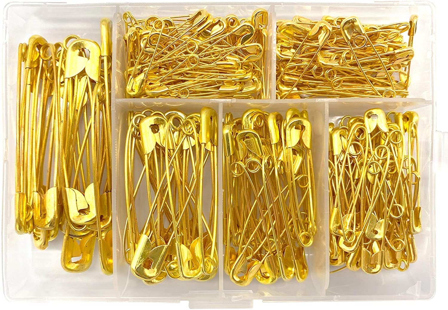 Safety Pins, 250pcs Metal Assorted Sizes Sewing Pins Gold Headscarf Hijab Shawl Brooches Pins with Storage Box for Home Office Cloth Label Crafting Jewelry Making, 6 Sizes