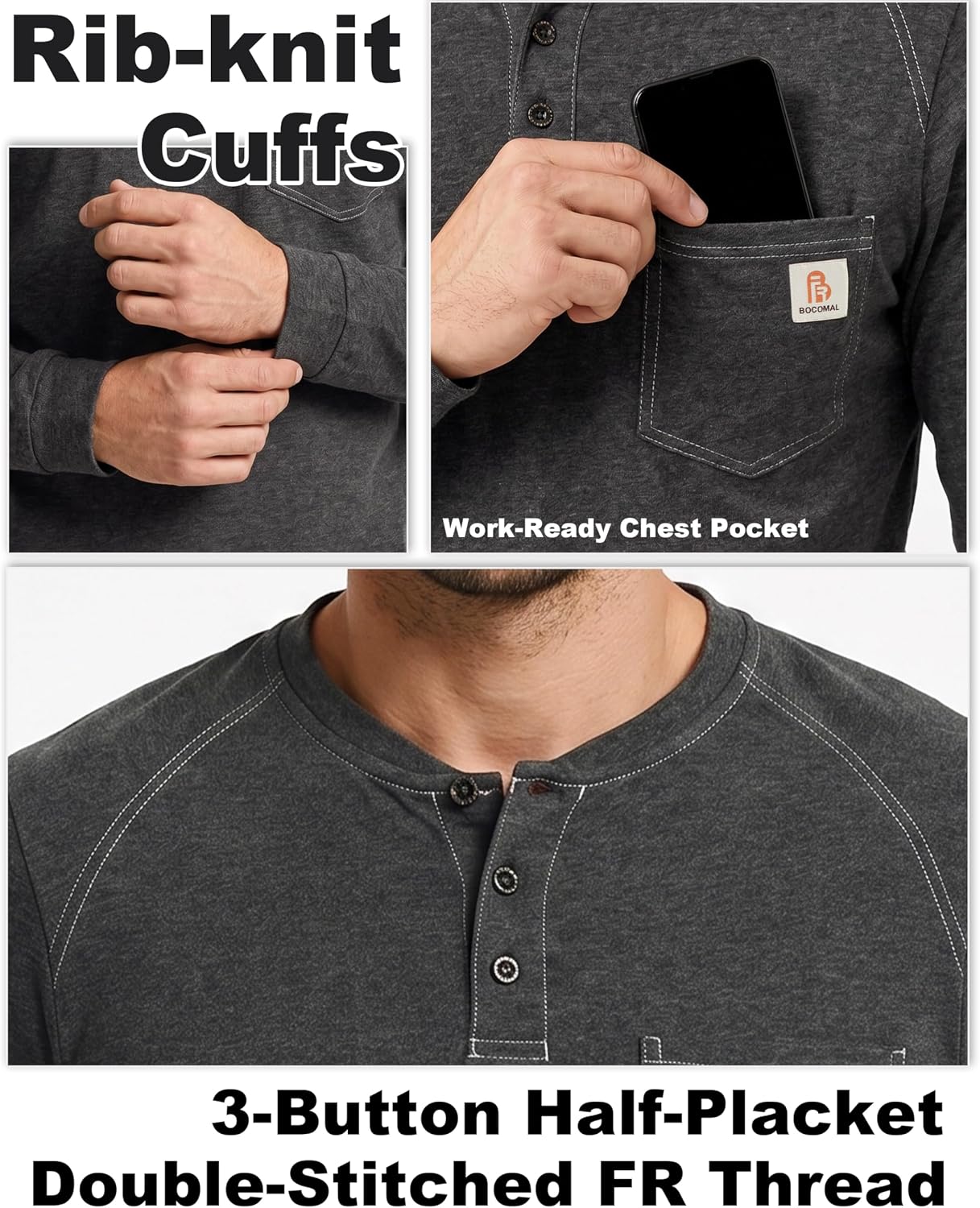 BOCOMAL Men's FR Henley Shirt Flame Resistant 5.5oz Cotton Long Sleeve Workwear UL NFPA2112 CAT2 Welding Tee