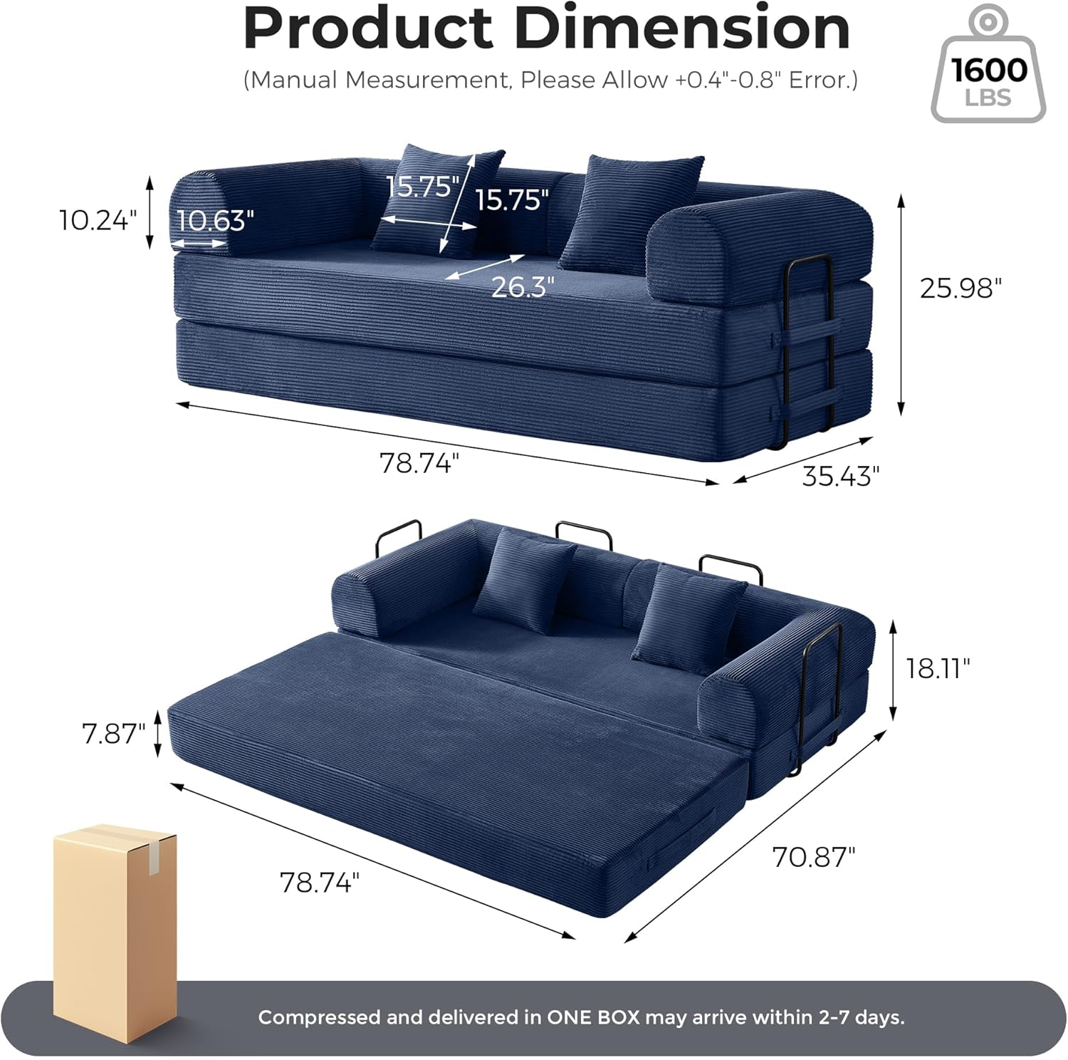 ​5-in-1 Convertible Sofa Bed | 79" Modular Sleeper with Fixed Frame & No Assembly | Boneless Compression & Pull Out Bed | Corduroy with High-Resilience Foam for Small Spaces, Apartments​ (Navy Blue)
