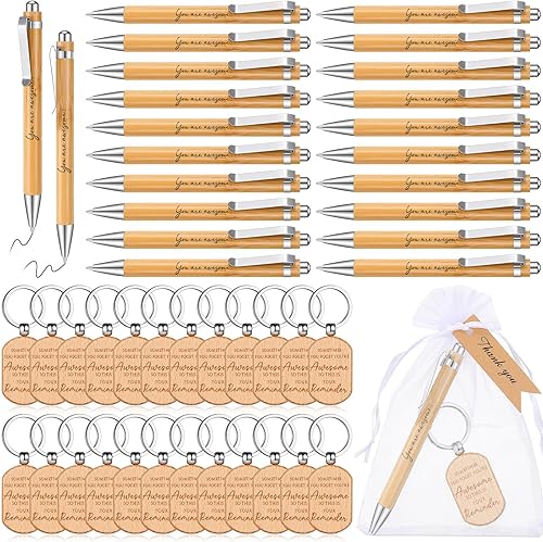 Glenmal El juego de 24 juegos de regalo de agradecimiento incluye 24 bolígrafos de madera de bambú de 0.039 pulgadas, 24 etiquetas redondas