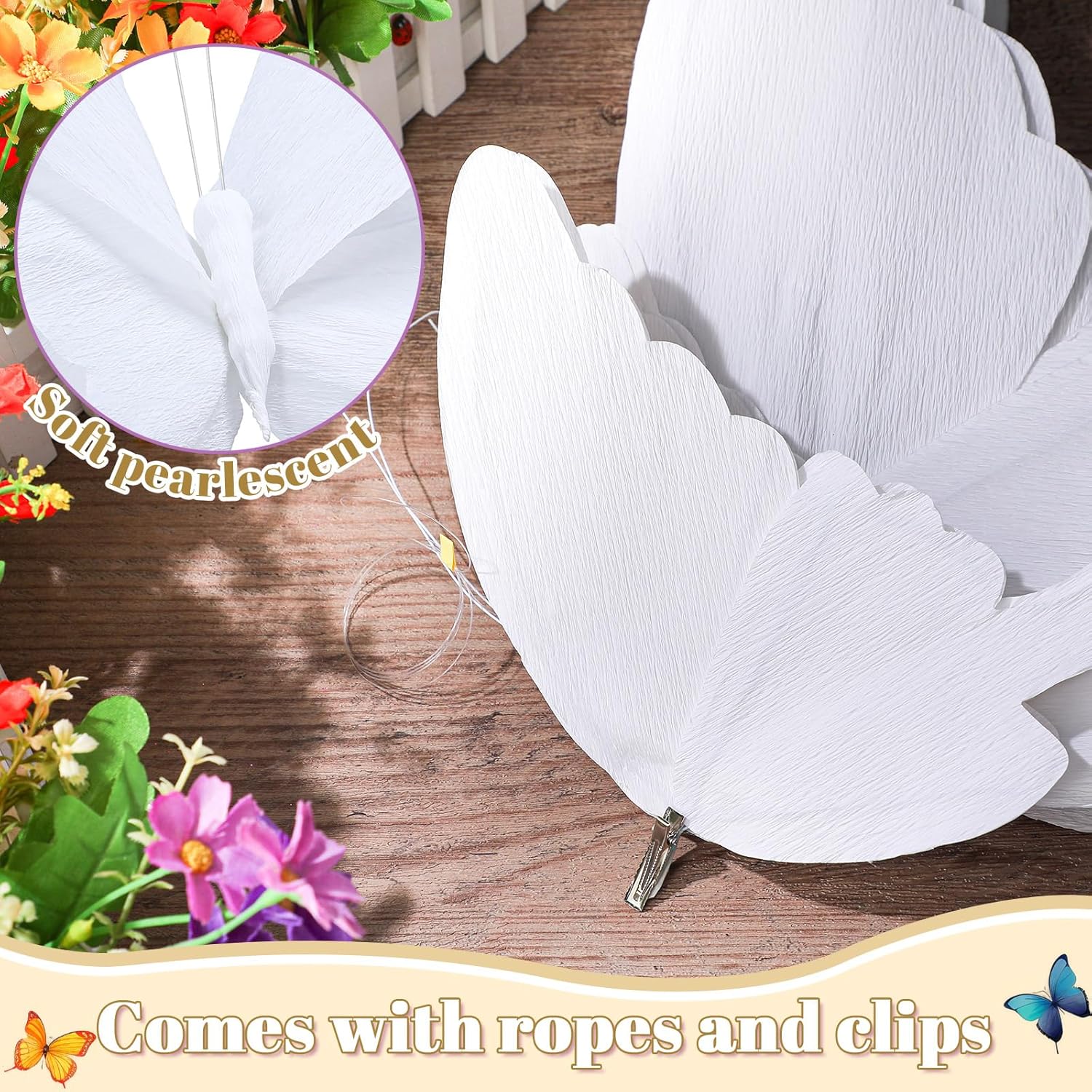 Honoson 3 Pcs Large Butterfly Party Decorations Hanging 3D Crepe Paper Butterfly Decoration Giant Supply for Wedding Party Birthday Baby Shower Garden Wall(White,11inch,20 Inch) - Image 4