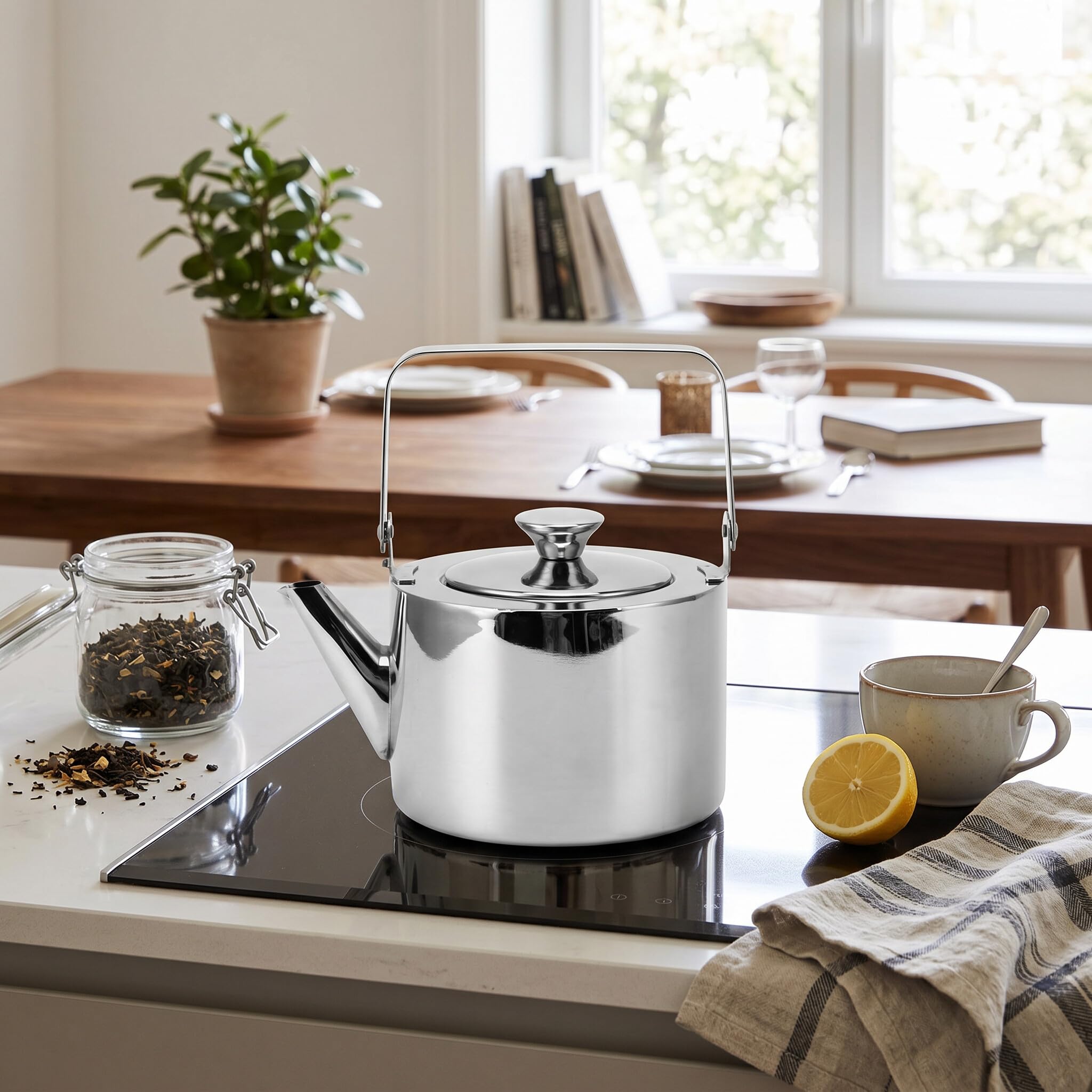 Jeffergarden Tetera de té de Acero Inoxidable, Olla de Metal Ergonómica con Filtro, Tetera de 1,5 Litros para Estufas de Gases Eléctricos de Inducción (Medio, 1.3L)