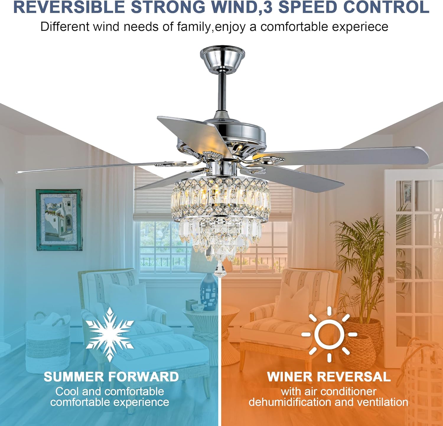 Bella Depot 52 Inch Crystal Ceiling Fan, Chandelier Fan with Lights and Remote Wood Blades Modern Fandelier Fan for Bedroom Living Room (Chrome)