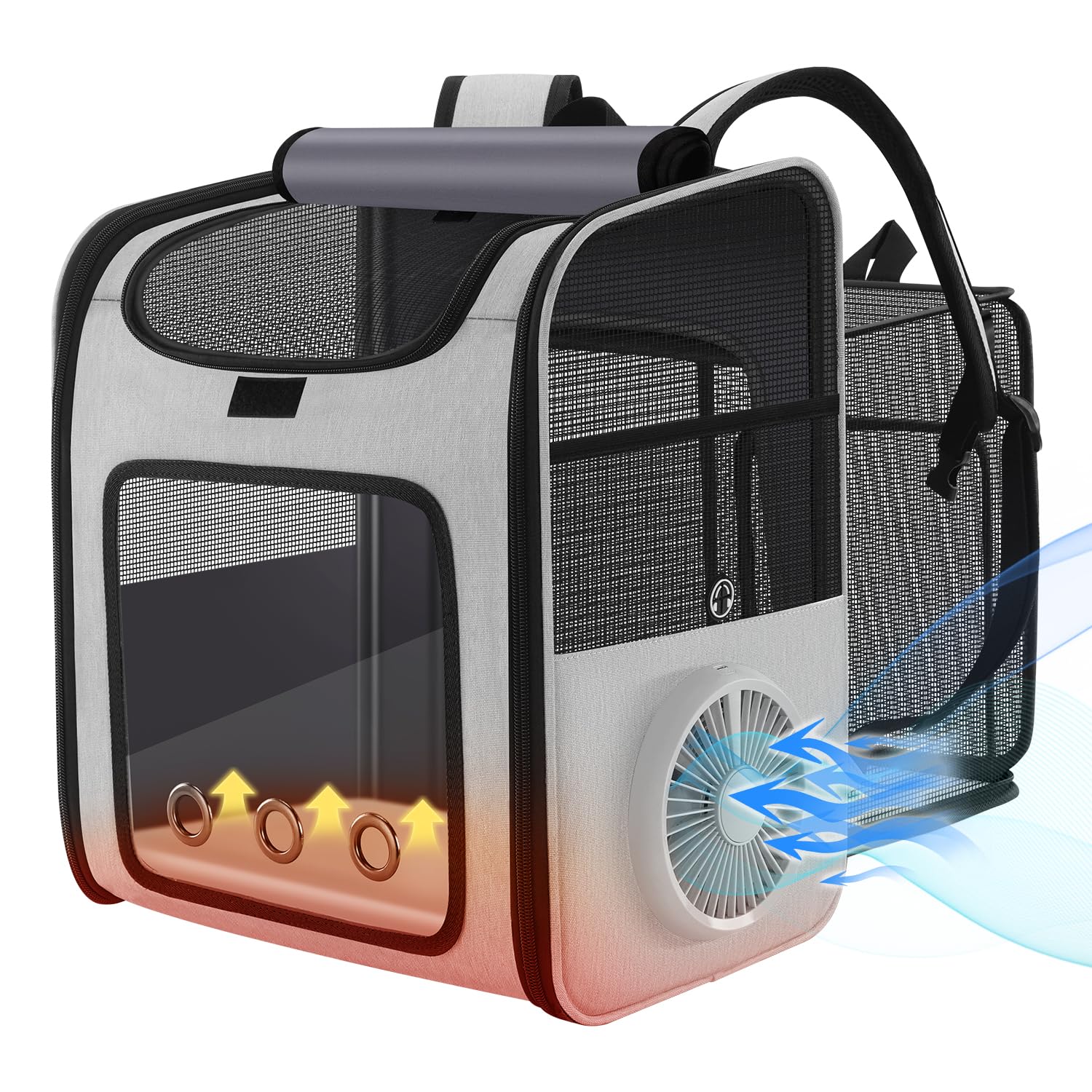 Cat Backpack Carrier with Built-in Cooling Fan & Heating Pad, Expandable Pet Backpack for Cats and Small Dogs up to 16 lbs, Ventilated Travel Carrier for Hiking, Walking & Outdoor, Grey