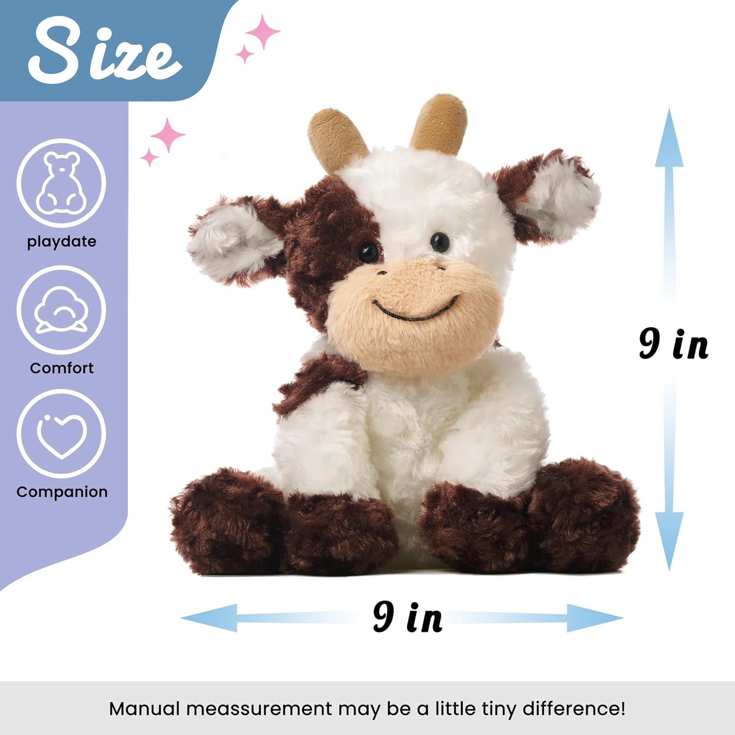 Hopearl Adorable Plush Cow Toy Floppy Dairy Cattle Soft Stuffed Animal Cute Birthday Gifts for Boys Girls Kids Toddlers, Brown, 9''