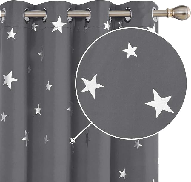 Deconovo Star Curtains 84 Inch Drop Thermal Insulated Eyelet Blackout Curtains for Living Room 46 x 84 Inch Grey 1 Pair
