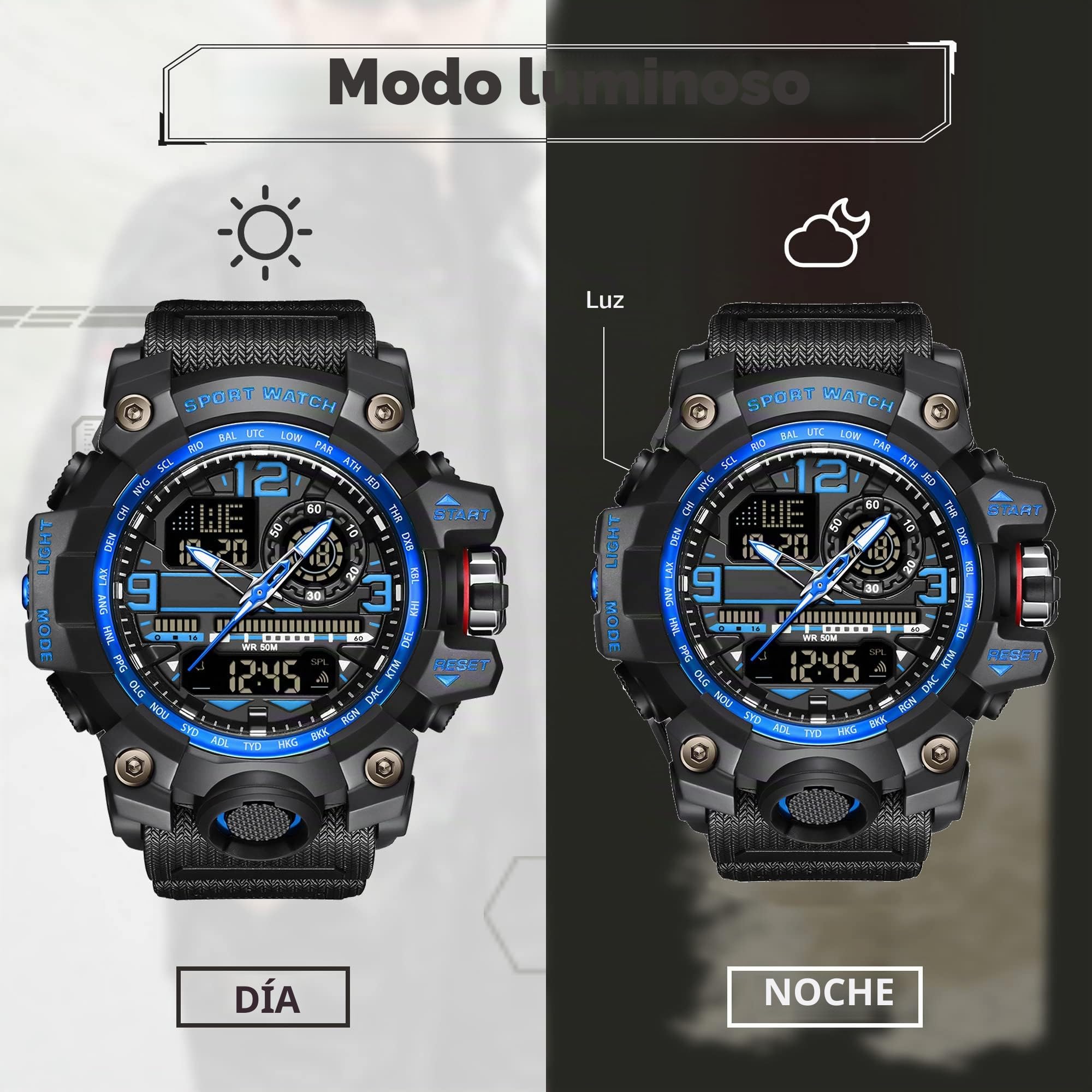 Reloj de pulsera militar grande para hombre, digital y analógico, 5 cajeros automáticos, impermeable, táctico para exteriores con despertador, fecha 12/24 horas, cronómetro LED, correa de silicona