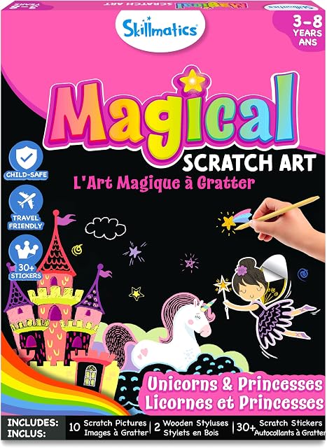Skillmatics Livre d'Art Scratch pour les enfants - Licorne & Princesses, kits d'artisanat & Fournitures 30+ Stickers Scratch, Jouets de voyage, DIY Kit, Cadeaux pour les filles & Garçons Âge 3, 4, 5, 6, 7, 8