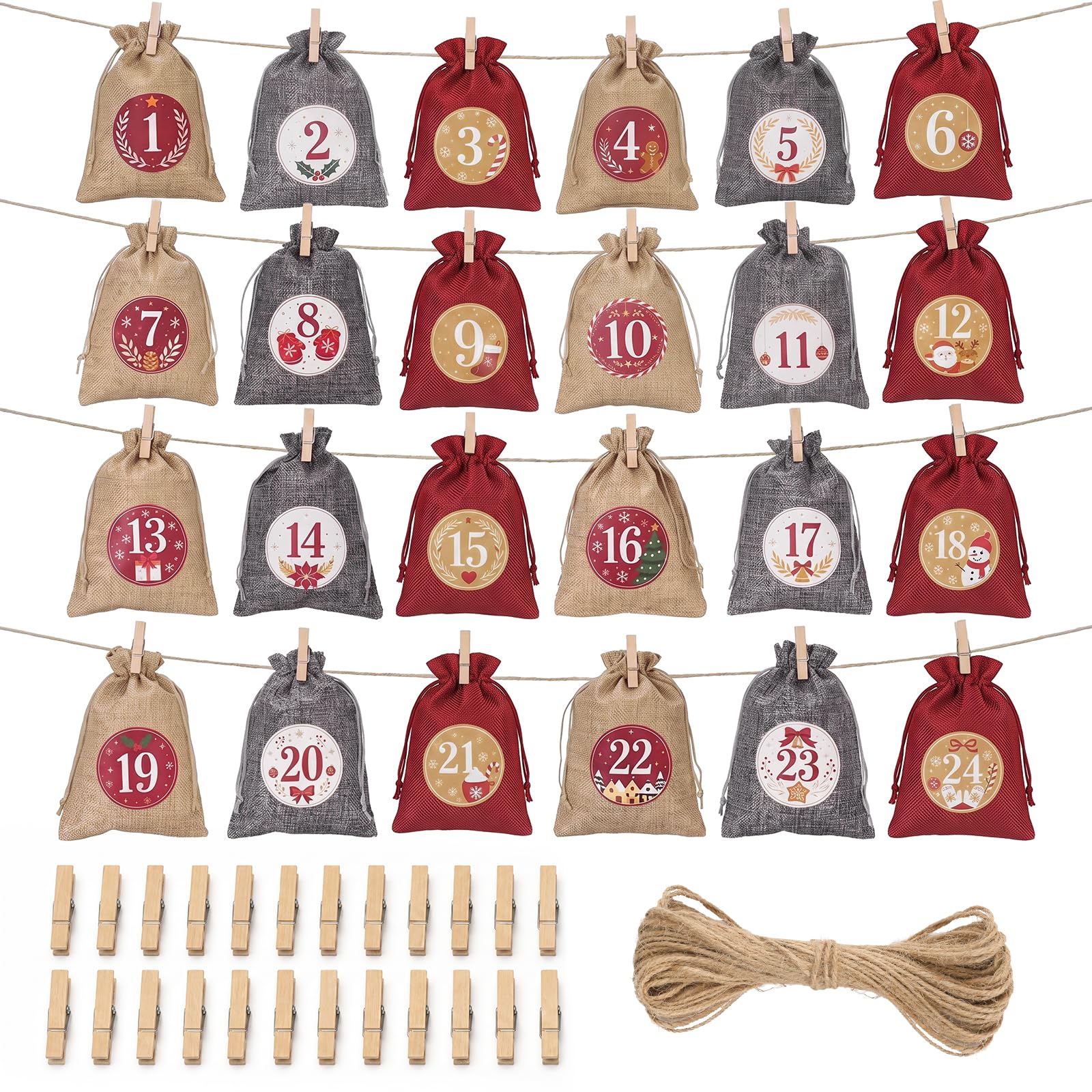 jijAcraft Adventskalender zum Befüllen: 24 Jutesäckchen 15 x 20 cm Rot-Mix | Große Adventssäckchen mit Zahlen 1–24 für DIY-Weihnachtskalender, Wiederverwendbare Weihnachtsbeutel für Geschenke