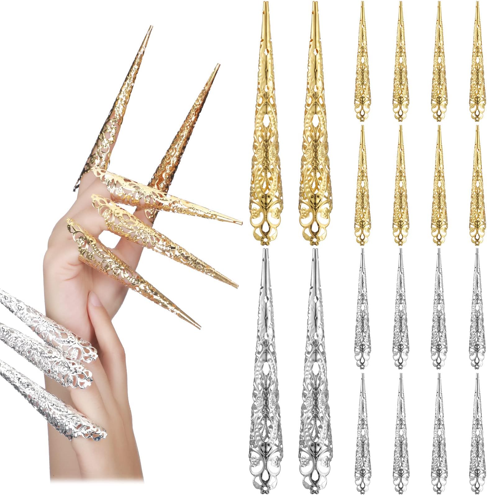 Leelosp 20 Packs Finger Nail Claw Rings Ancient Queen Fingernail Claw Metal Finger Knuckle Claw for Halloween Women Cosplay Costume Drama Dance Show (Gold, Silver)