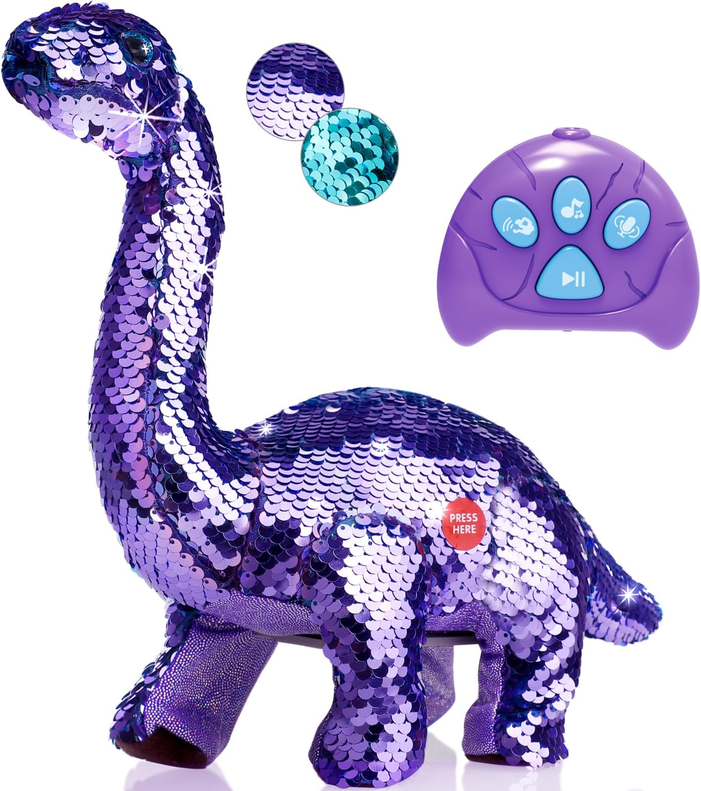Koonie Dinosaur Toys for Girls, 2 Year Old Girl Toys, Purple Dinosaur Remote Control Reversible Sequins Dinosaur Toy Can Repeat Walk Roar Sing, Christmas Birthday Gifts for 2-7 Years Old Kids Toddler