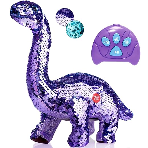 Koonie Dinosaur Toys for Girls, 2 Year Old Girl Toys, Purple Dinosaur Remote Control Reversible Sequins Dinosaur Toy Can Repeat Walk Roar Sing, Christmas Birthday Gifts for 2-7 Years Old Kids Toddlers