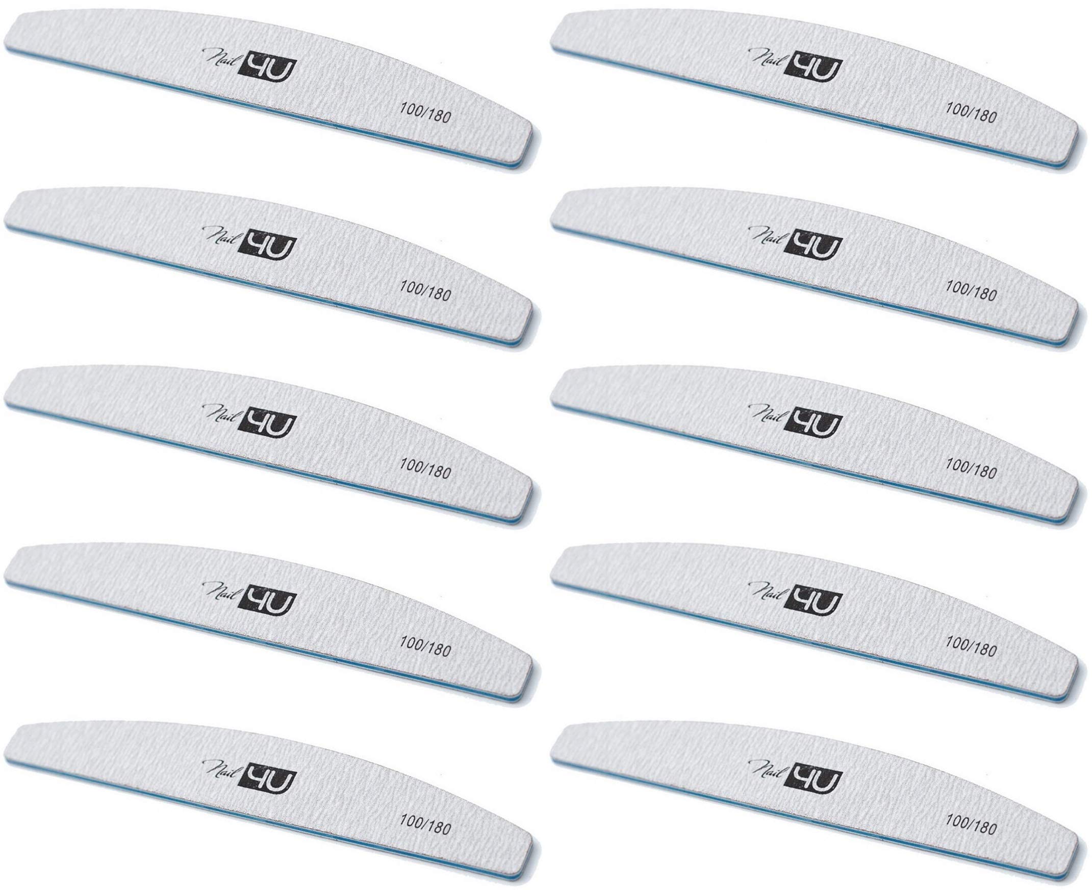 Set of 10 pcs Professional Nail Files Half Moon Double Sided Emery Board Nail4U 100/180 grit Nail File Zebra Manicure Pedicure