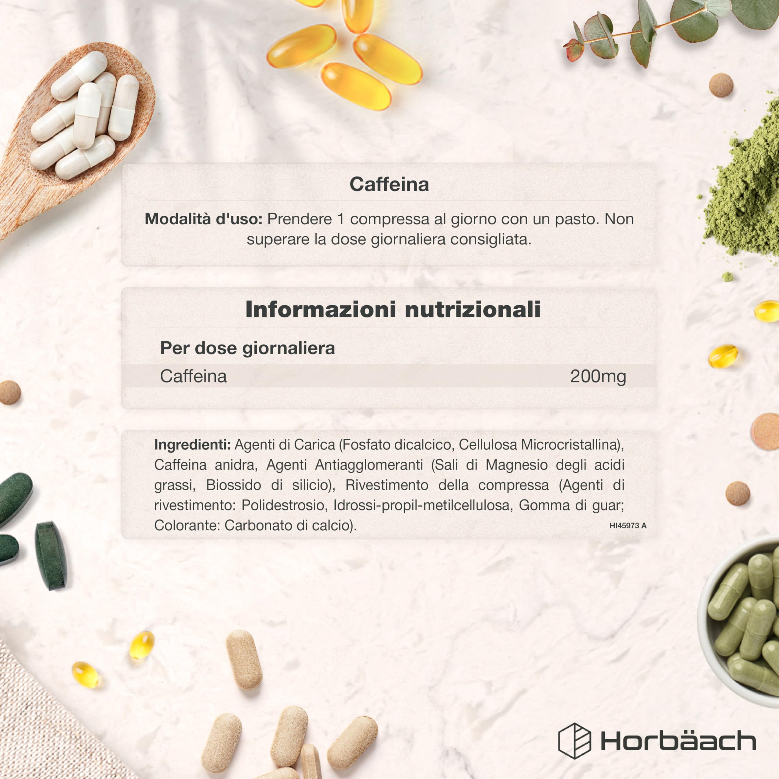Caffeina Integratore 200 mg | 120 Compresse Vegane per 4 Mesi di Scorta | Integratore Alimentare Senza Conservanti and Additivi | Caffeine Pills ad Alto Dosaggio | by Horbaach
