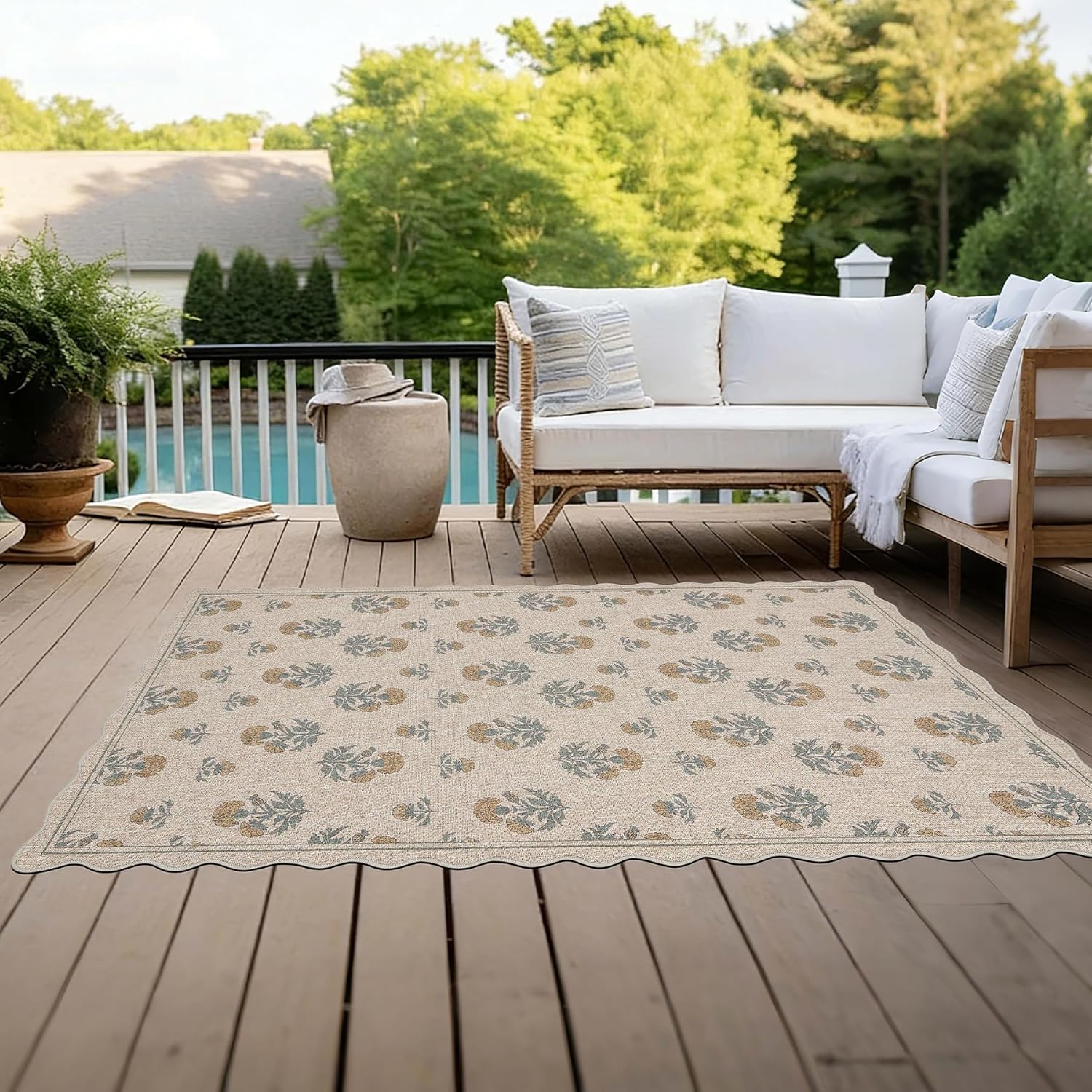 ORTIGIA Scalloped Easy Jute 3x5 Area Rug Vintage Yellow Floral Farmhouse Washable Rug Non-Slip Indoor Outdoor Carpet for Living Room Bedroom Kitchen Patio Entryway