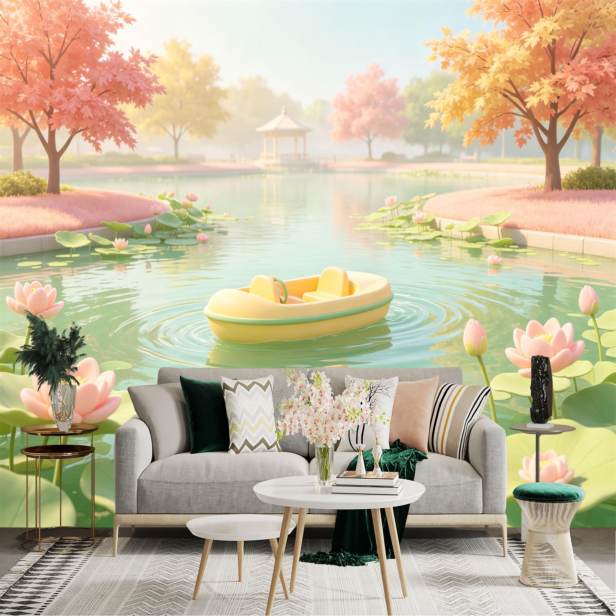 Custom Size Wall Sticker Mural， Dreamy Pond with Lotus Flowers， Rubber Boat and Cute Ducks， Serene Park Scenery， for wall Decoration， peelandstick wall Decals.