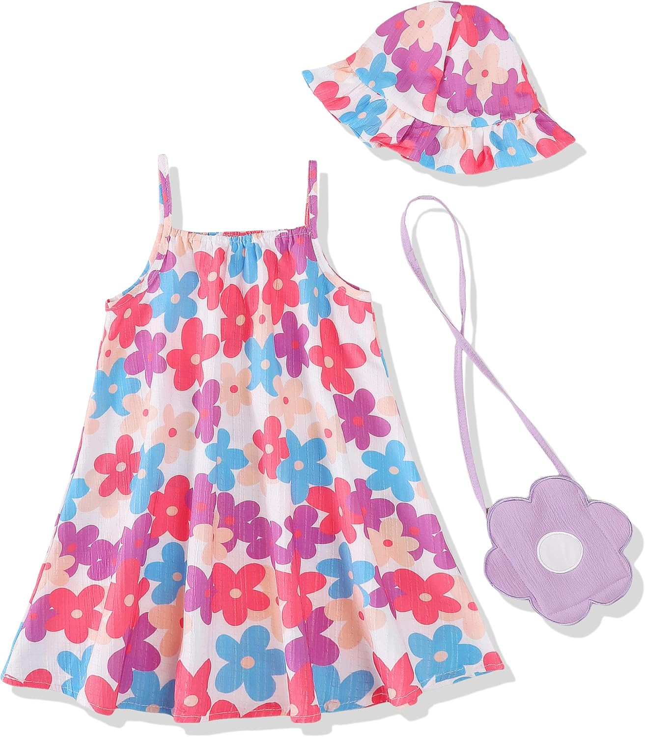 Toddler Girls Summer Dresses 3-Pieces Casual Sleeveless Sundress Girls' Flower Strap Dress with Bag and Hat Outfits