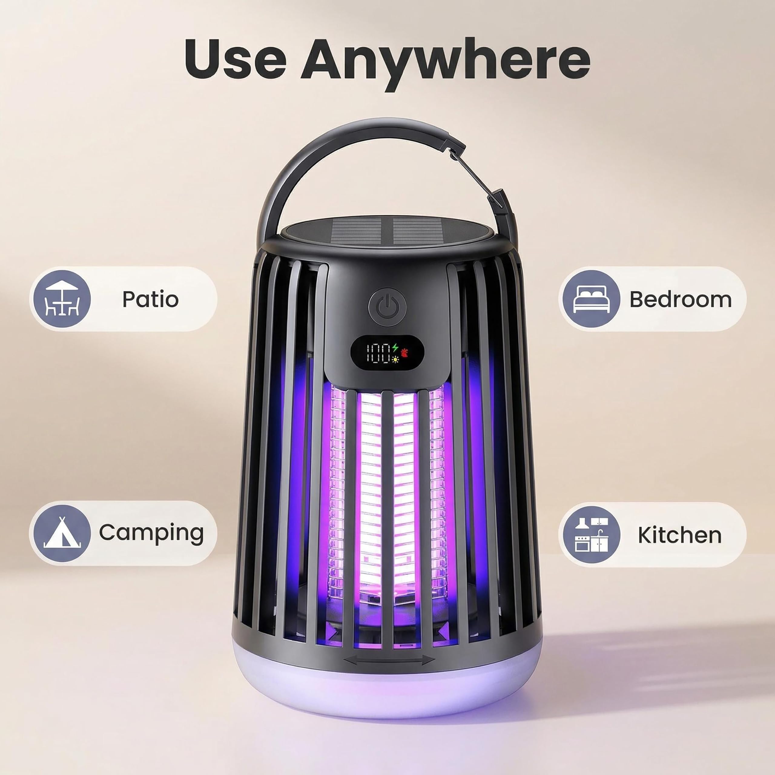 Zapper elettrico ricaricabile a energia solare e USB-C, a doppia onda, anti-insetti, trappola portatile per zanzare con lanterna, per interni ed esterni, casa, giardino, campeggio (nero)