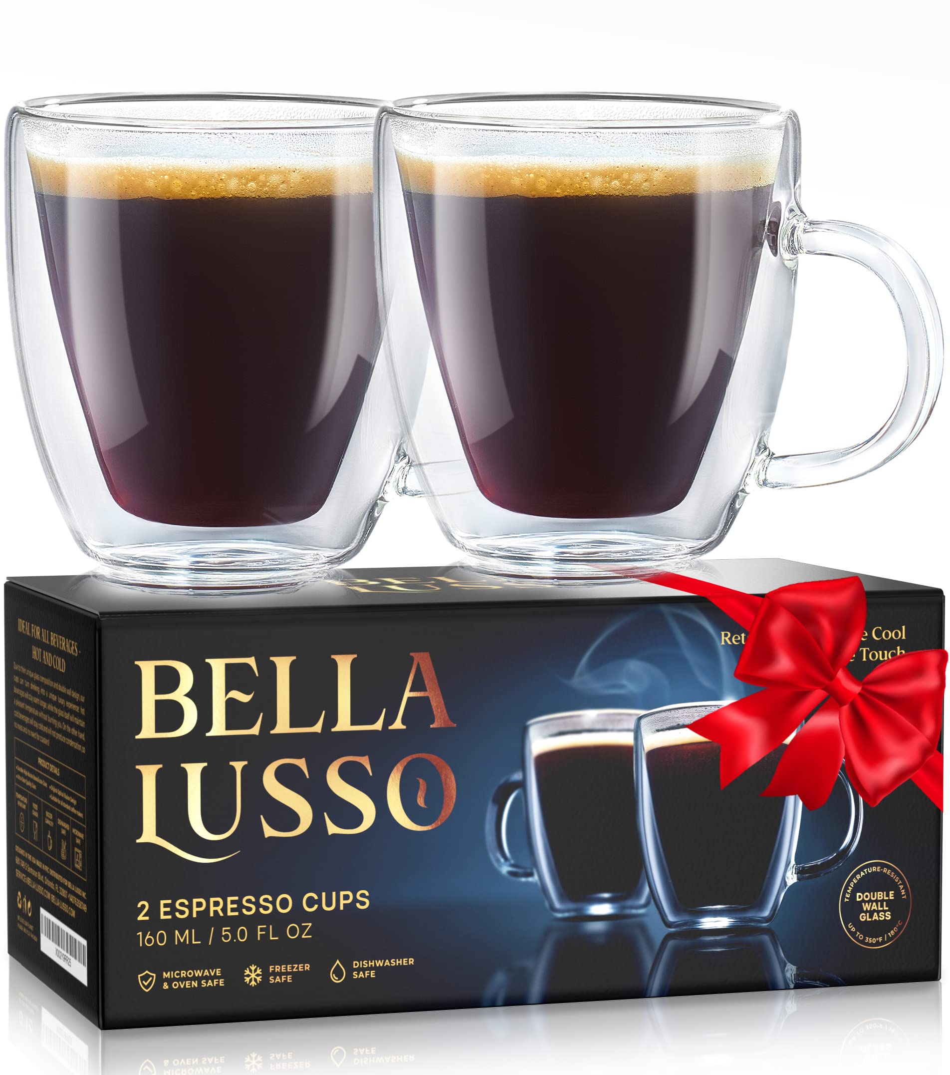 Glass Espresso Cups - Double Wall Insulated Coffee Mugs - Designed in USA - Set of 2, 5 oz - For Cappuccino, Latte, Tea, Shots - Borosilicate Glassware - Dishwasher, Microwave Safe - Premium Gift Box
