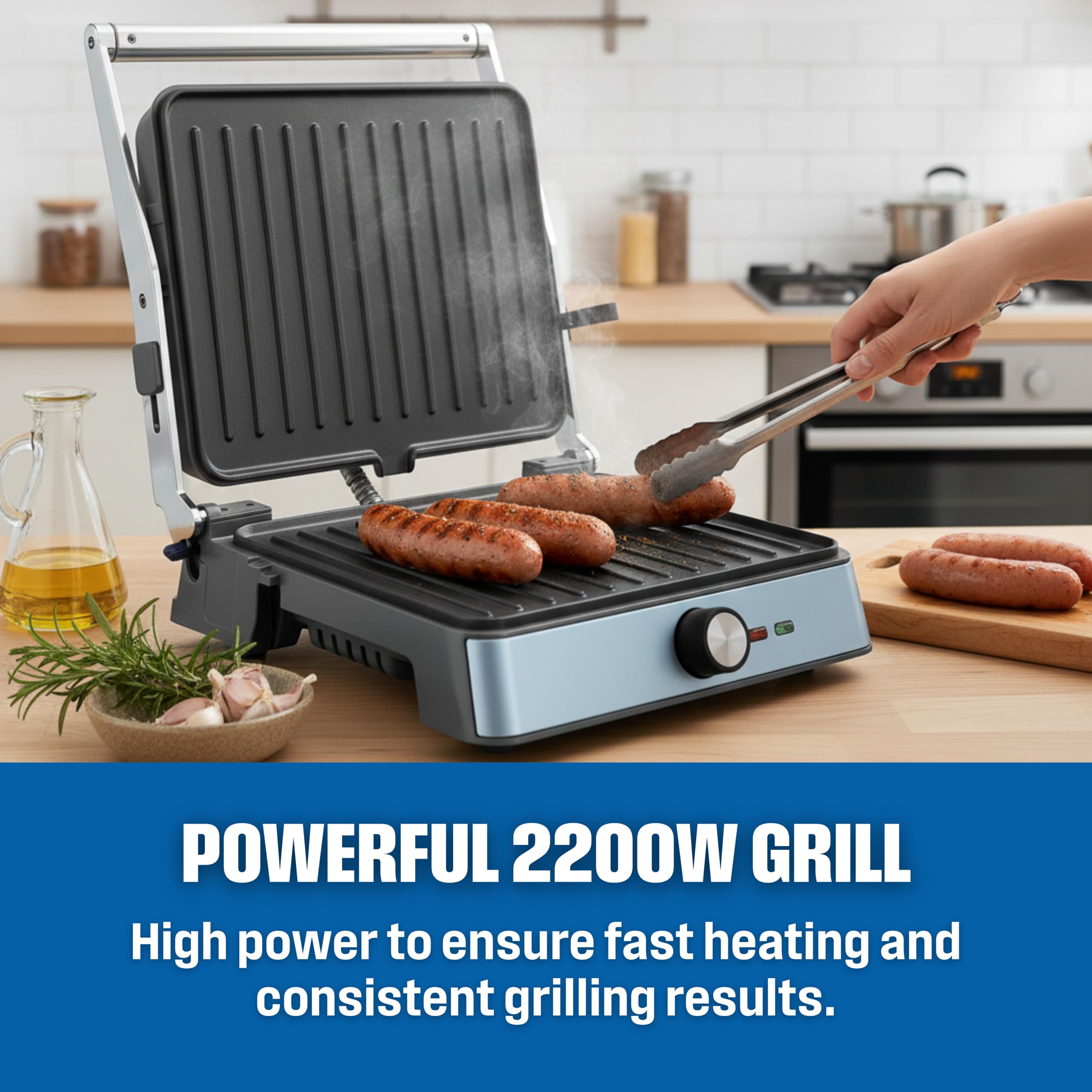 Westinghouse Grill kontaktowy w stylu retro – 29 x 24 cm – 180° do dwustronnego grillowania – 2200 W – toster – regulowana regulacja temperatury – grill panini – żelazko toster – niebieski