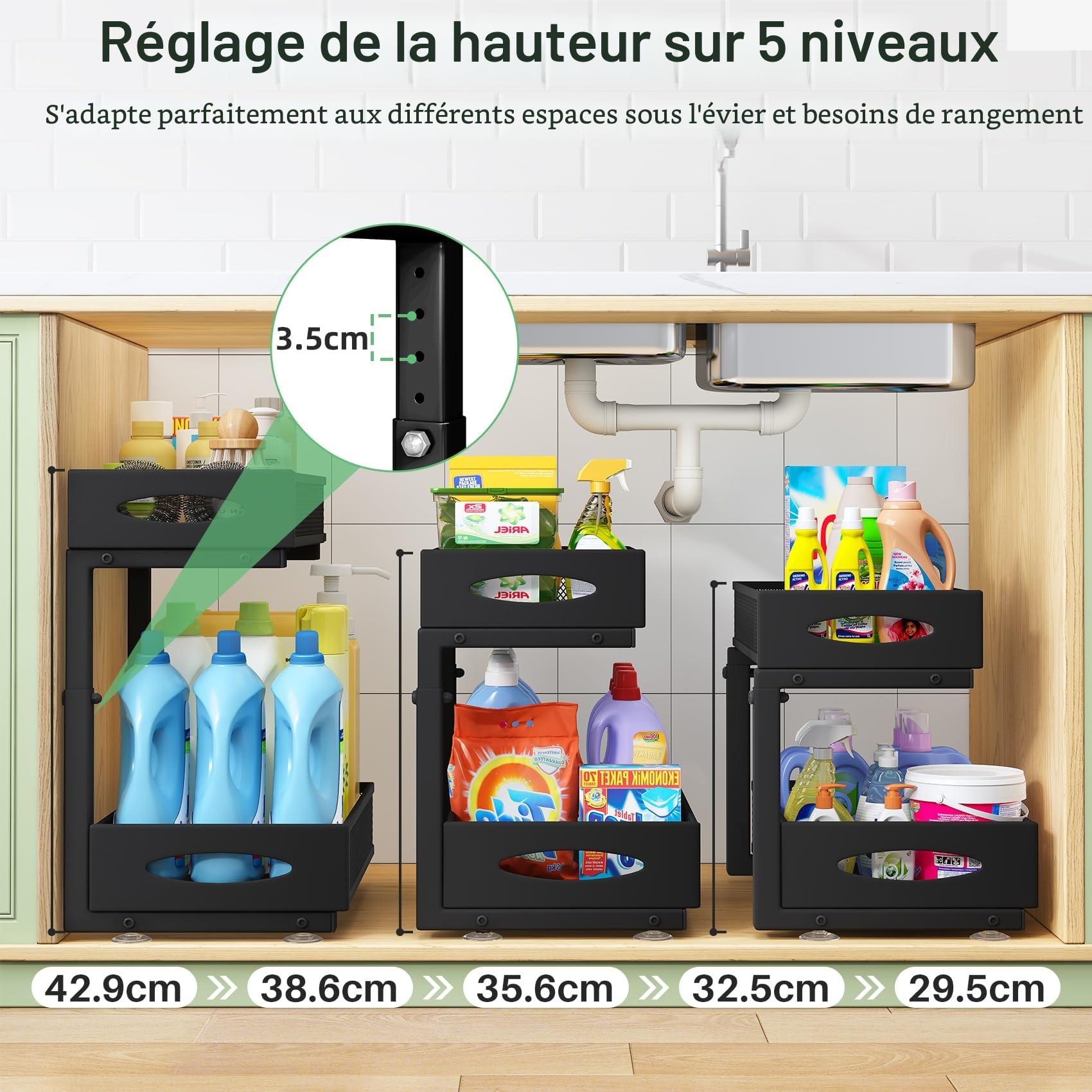 Kitstorack Rangement sous Evier - Organisateur Cuisine en Métal 2 Niveaux avec Hauteur Réglable - Salle de Bain et Plan de Travail - Rangement et Organisation de Cuisine (Noir, 1 Paquet)