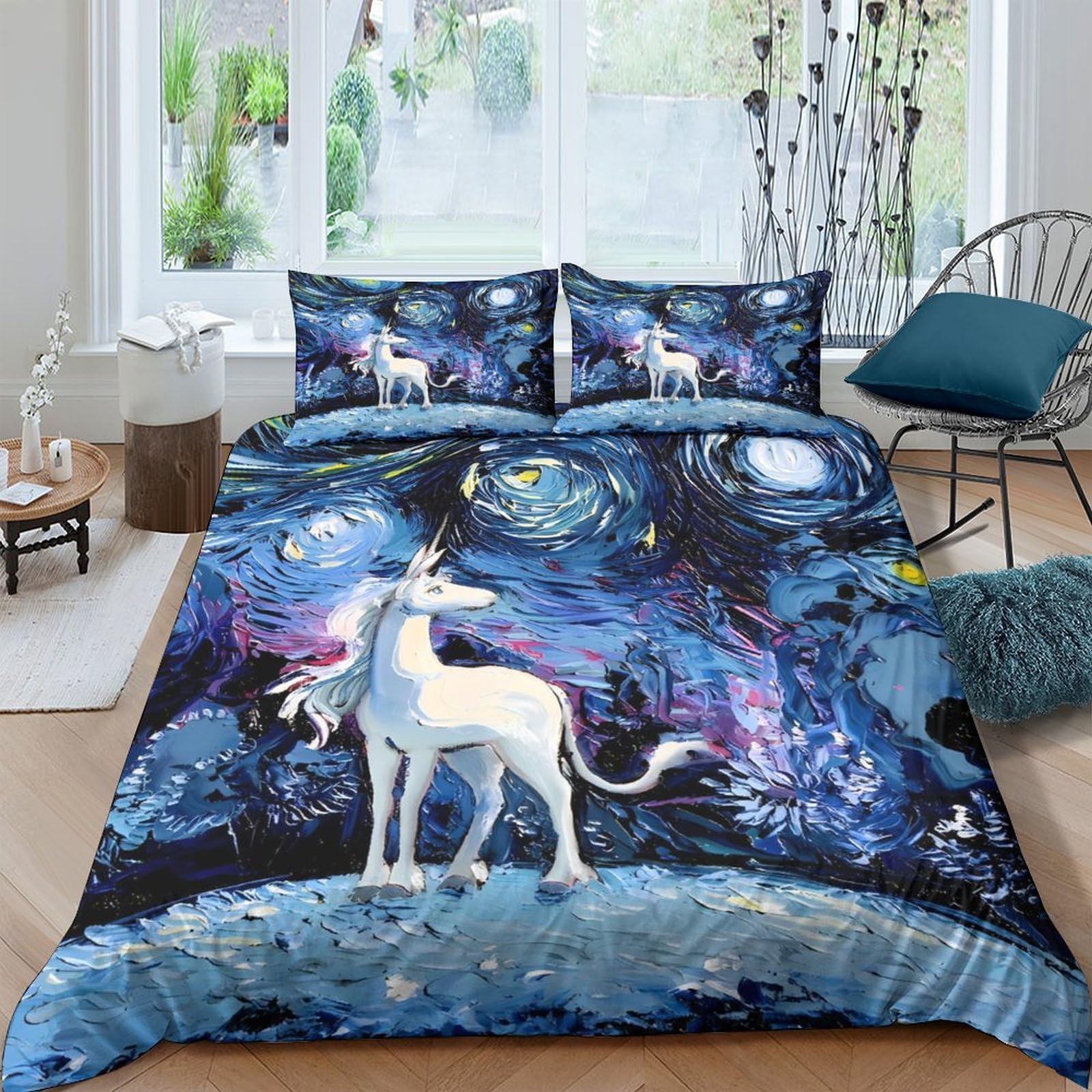 Ctjqhvkz Style-1 3D Printed Fantasy Unicorn Fitted Sheet Microfiber Blue Starry Sky Mattress Cover For Bedroom Dorm Decor Single（135X200cm）