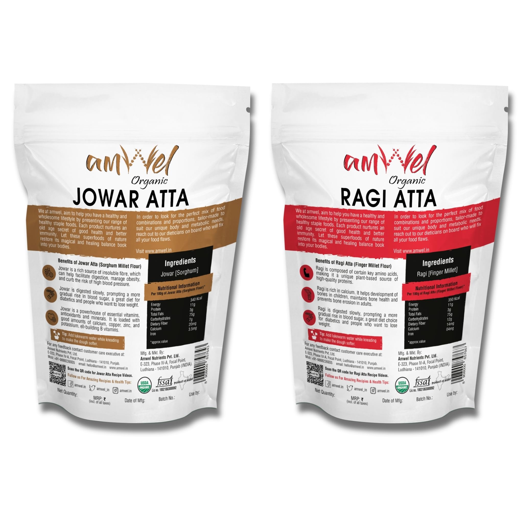 Amwel Combo of Jowar Atta 450g + Ragi Atta 450g | Sorghum Flour + Finger Millet Flour | Gluten Free Diabetic Friendly Low GI | Calcium Rich | Weight Management | For Good Health | 900g | Vacuum Packed - Image 3 thumbnail