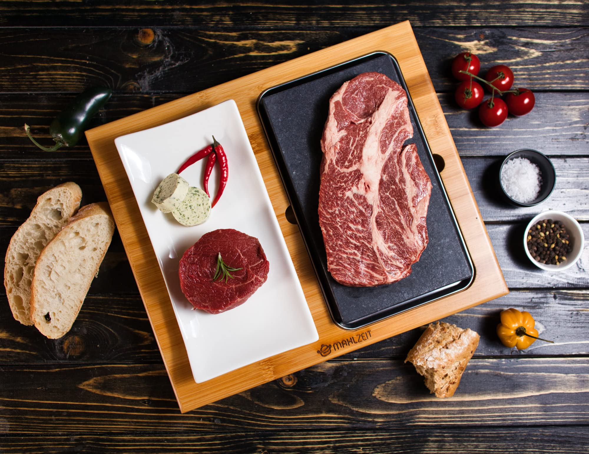 Mahlzeit Juego de Piedra de Lava y Plato para Bistec | Bistec a la Parrilla de Piedra Caliente | Plancha de Piedra Volcánica para Barbacoa | Steak Board Hot Stone Steak Grill