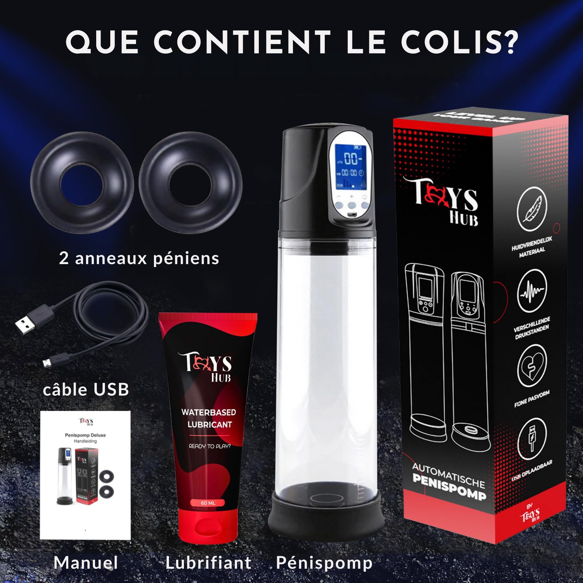 Pompe a Penis Automatique Deluxe pour Hommes avec Lubrifiant | Pompe a Vide Electrique avec 2 Anneaux | Rechargeable USB | Affichage LED | Agrandisseur