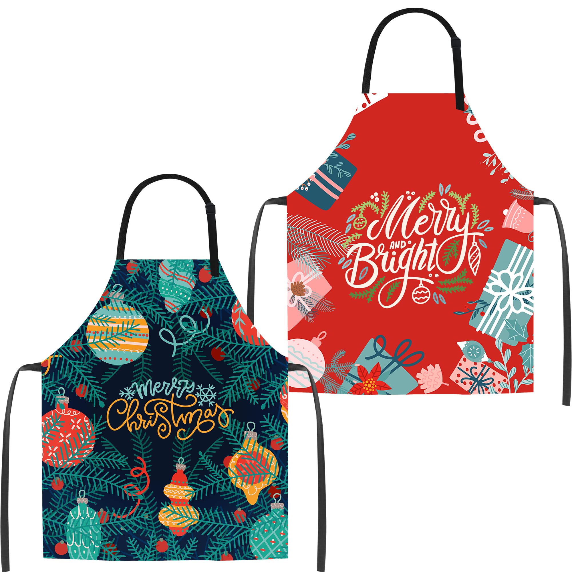 2 Packs Merry Christmas Kitchen Aprons for Man and Women Pretty Green Tree Cooking Apron with Adjustment Neck Strap Red Gift Chef Apron for Baking Christmas Party Painting Crafting Household Cleaning