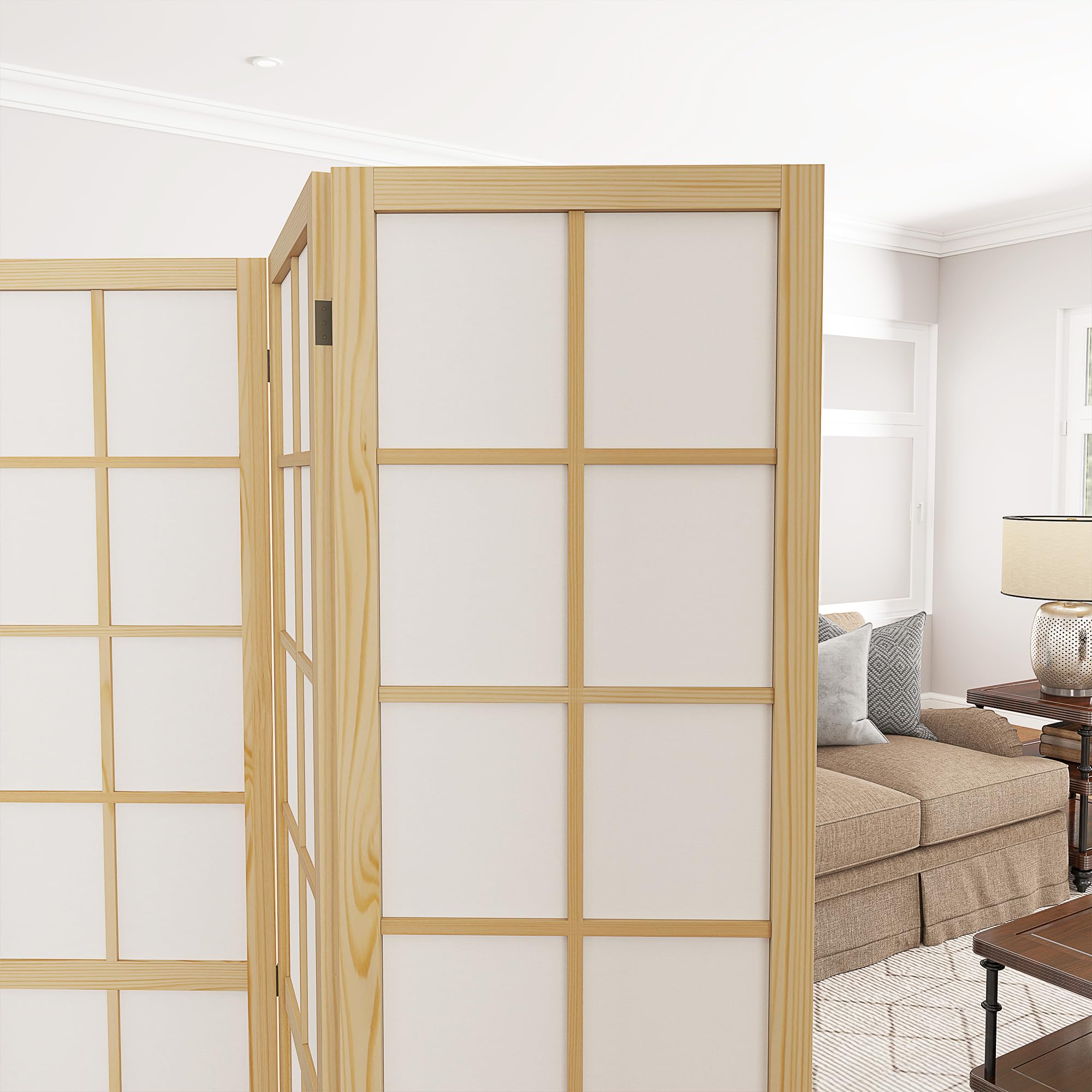 HOMCOM Biombo de 4 Paneles Plegable con Marco de Madera 160x170 cm Natural | Biombo Separador de Ambientes, Pantalla de Privacidad, Dormitorio Oficina Salón