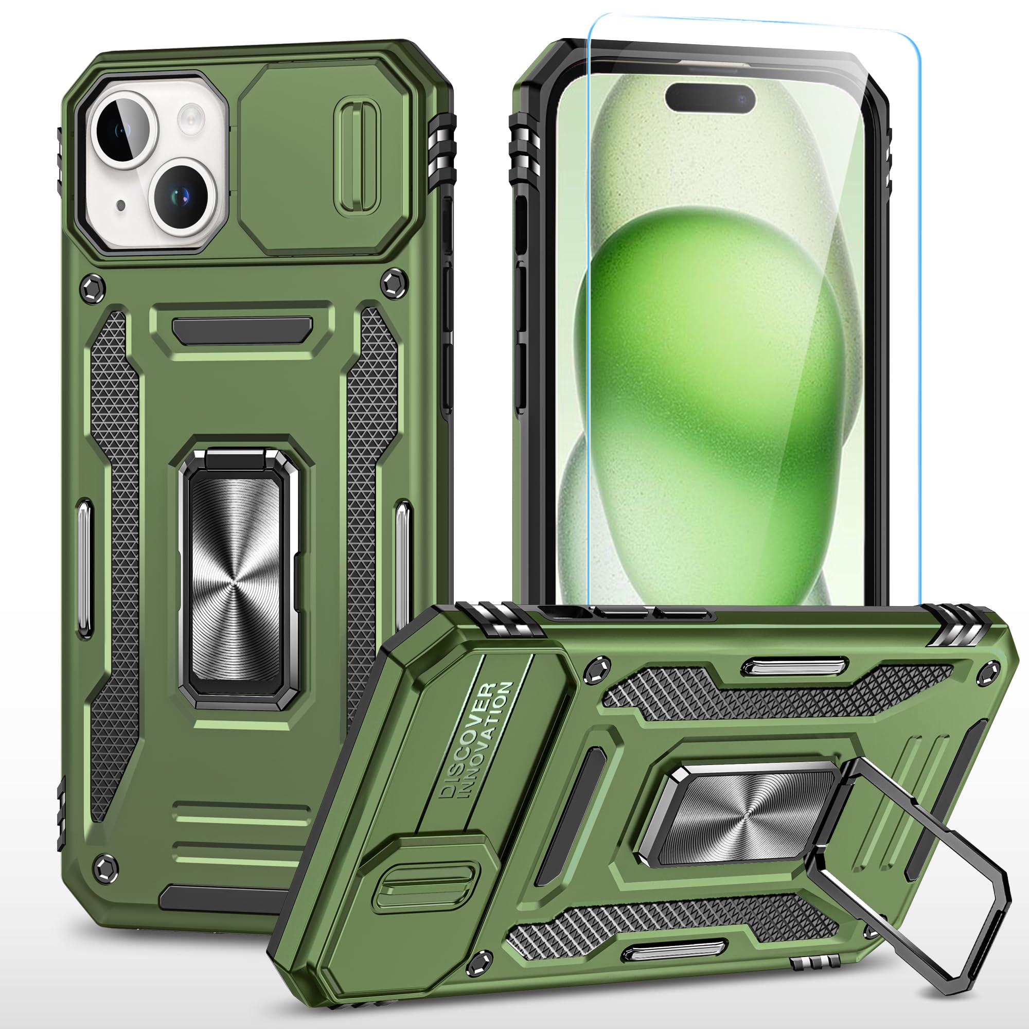 SunStoryCompatible with iPhone 15 Plus Case with HD Screen Protector & Slide Camera Cover & Rotated Ring Kickstand, [Military-Grade] Phone Case for iPhone 15 Plus (Z_OliveGreen)