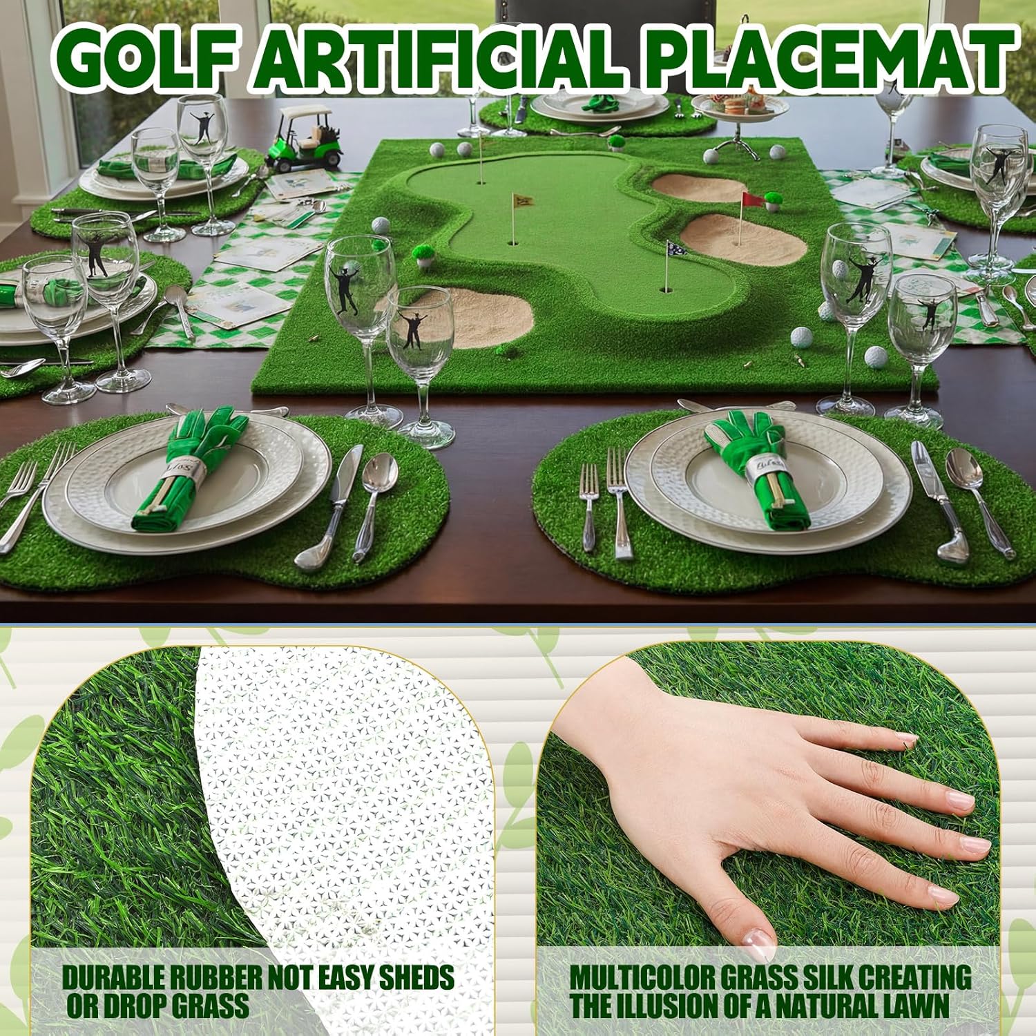 6 Pcs Golf Artificial Grass Mat Placemats Green Fake Grass Tiles Table Centerpieces Placemats Sport Theme Party Decorations for Wedding Baby Shower Golf Lovers