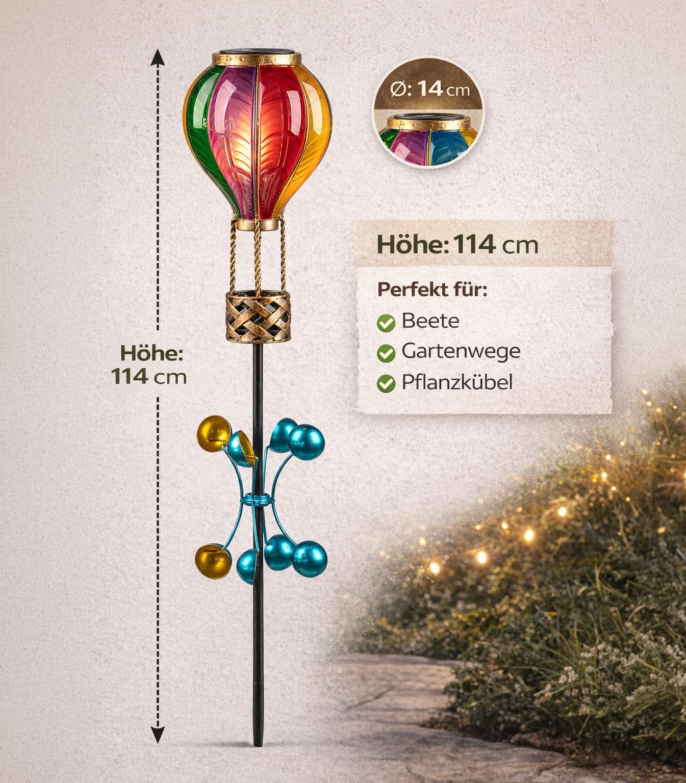 formano 2er Set Solarleuchten mit Flammen-Effekt & Windrad Solar Gartenstecker LED Ballon Bunte Acryl Ballonleuchten mit Dämmerungssensor, 114 cm Gartenstecker Solarlicht für Garten Balkon Terrasse