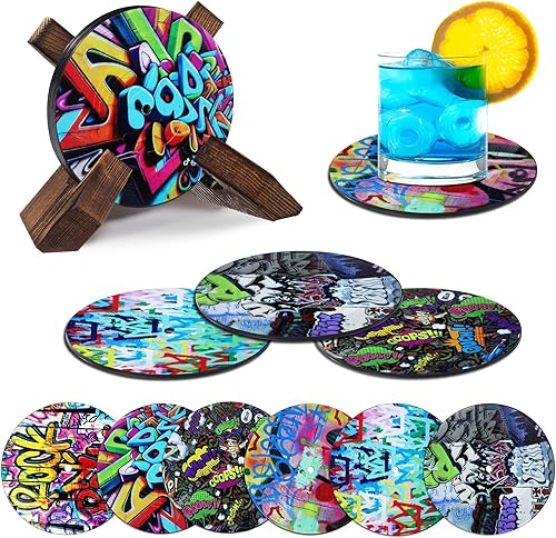 Miniatura 5 de Boao 6 posavasos retro divertidos para discos de vinilo para bebidas, 4 pulgadas, posavasos geniales con soporte de madera retro, posavasos para