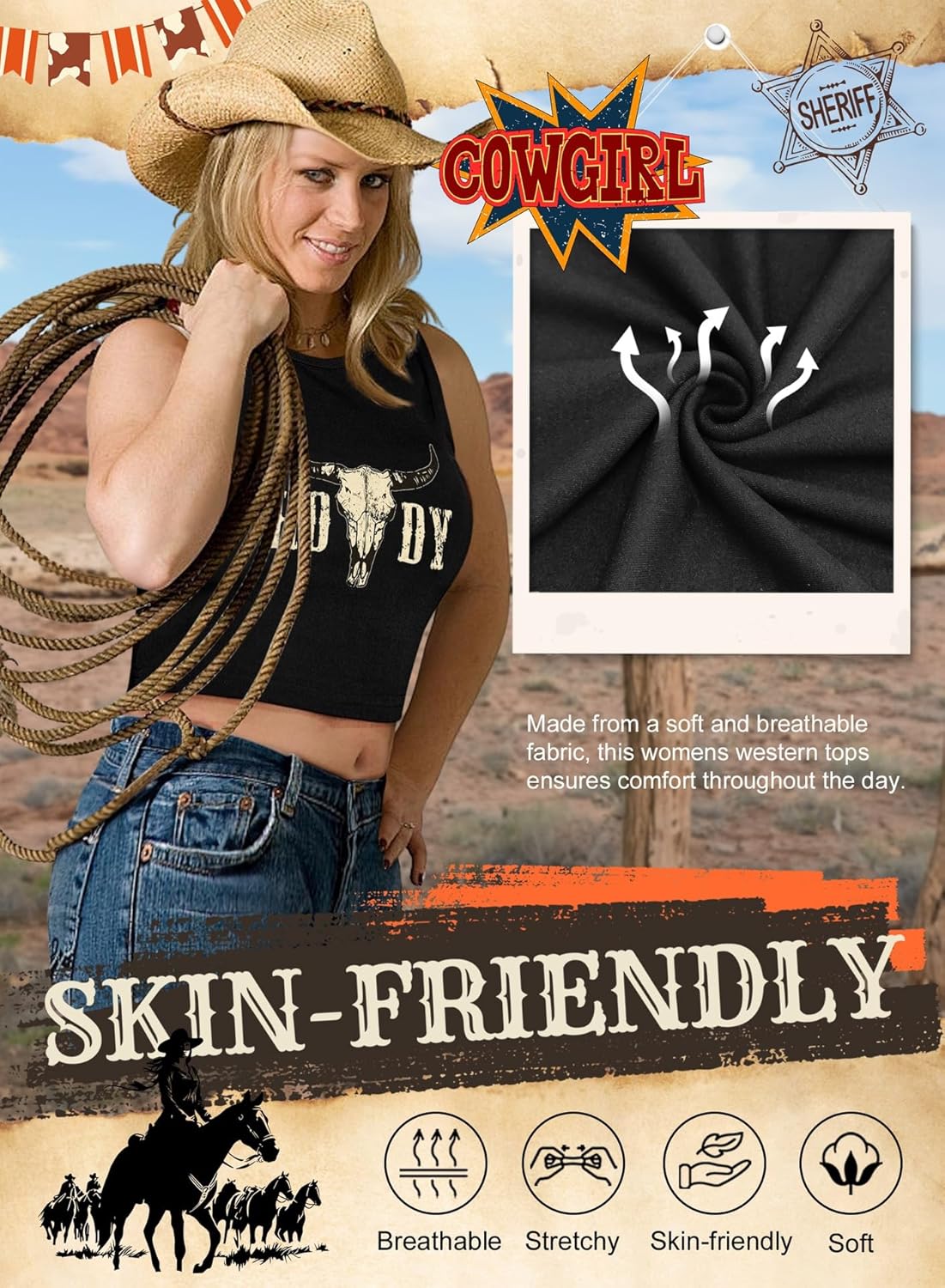 Western Tank Top for Women - Vintage Cowgirl Shirt Cowboy Crop Graphic Tee Cow Skull Howdy Country Concert Outfit - Image 5