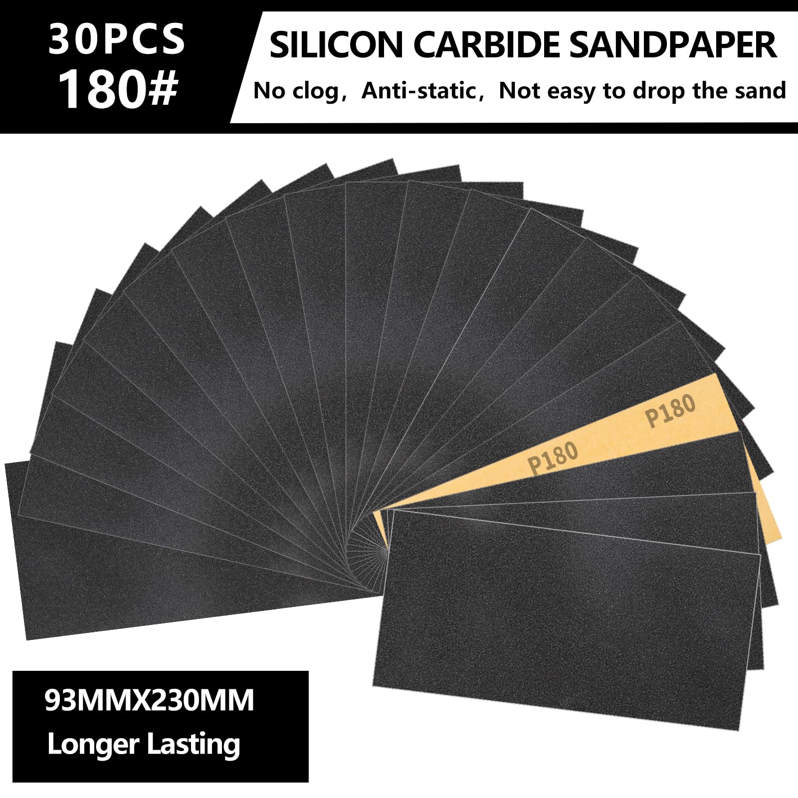 Sruhrak 30 Pezzi Carta Abrasiva 93x230mm Impermeabile Carta Vetrata Grana 180 Levigatura per Sverniciare Legno, Metallo, Plastica e Auto