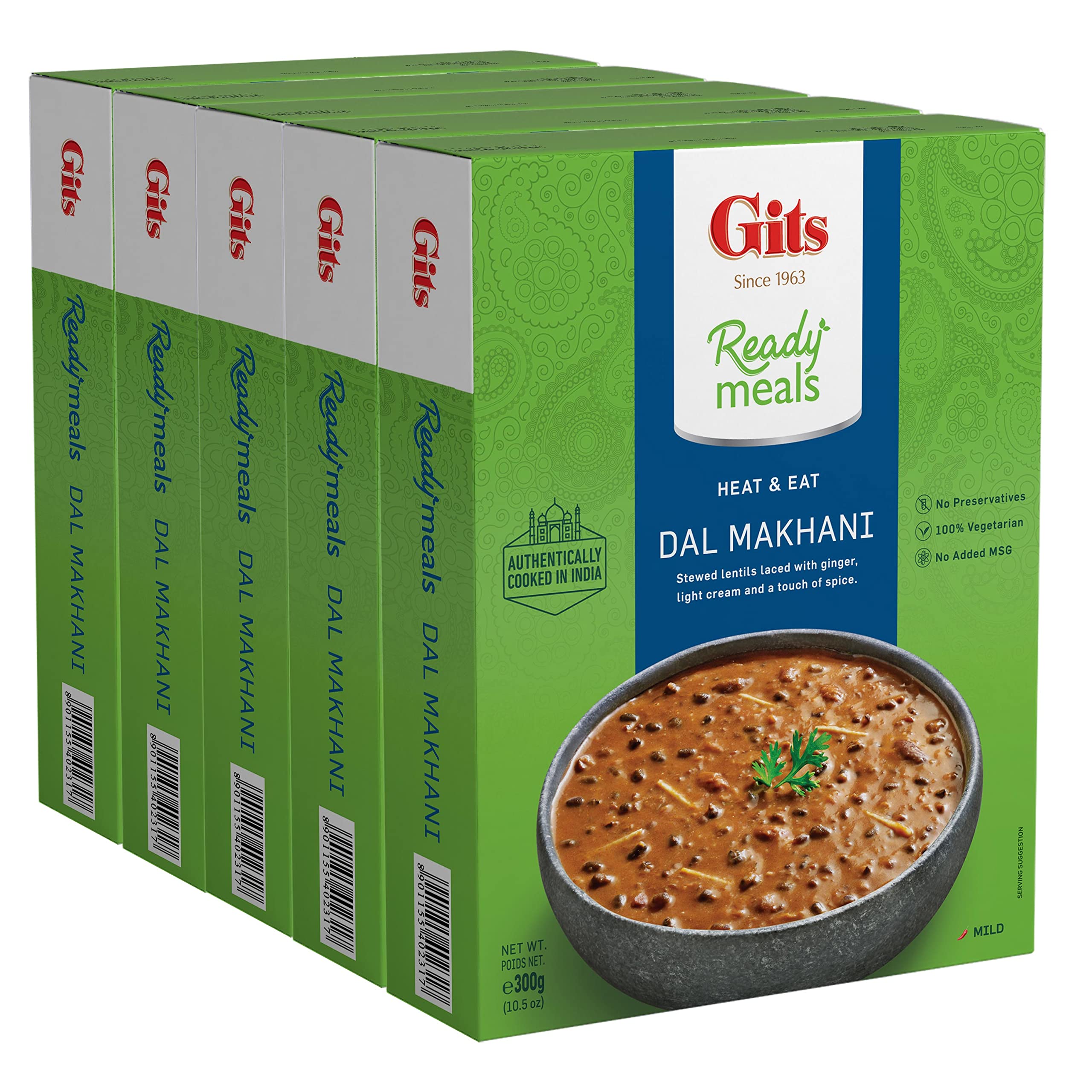 Gits Ready to Eat Dal Makhani - Indian Black & Red Lentils cooked on Tandoor for 12 hours simmered in a thick tomato & creamy base) 52.5 Oz( Pack of 5 X 10.5 Oz each) | Vegetarian | Non-Spicy