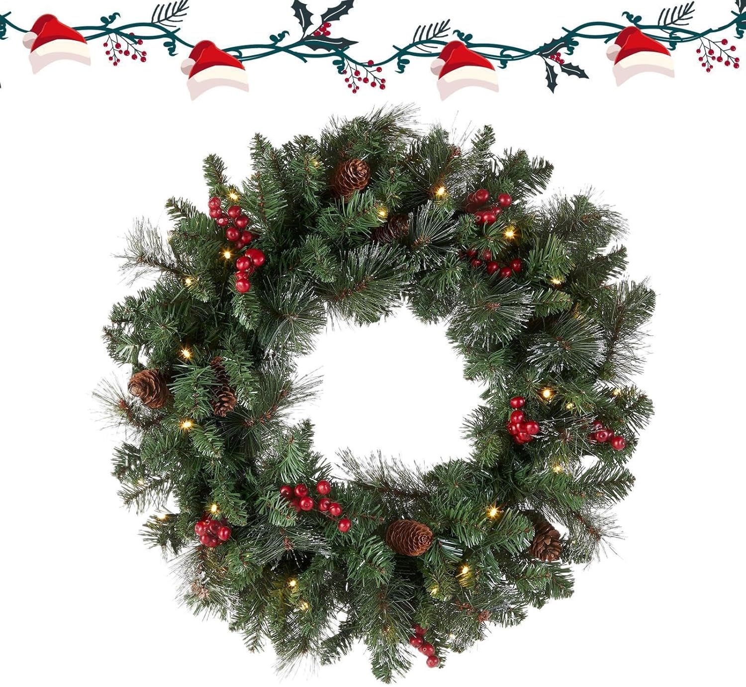 Christmas Wreath with Lights - 18 Inch Artificial Pinsse Cone Berry Garland Illuminated Holiday Door Wreath Decor with Hook Outdoor Porch