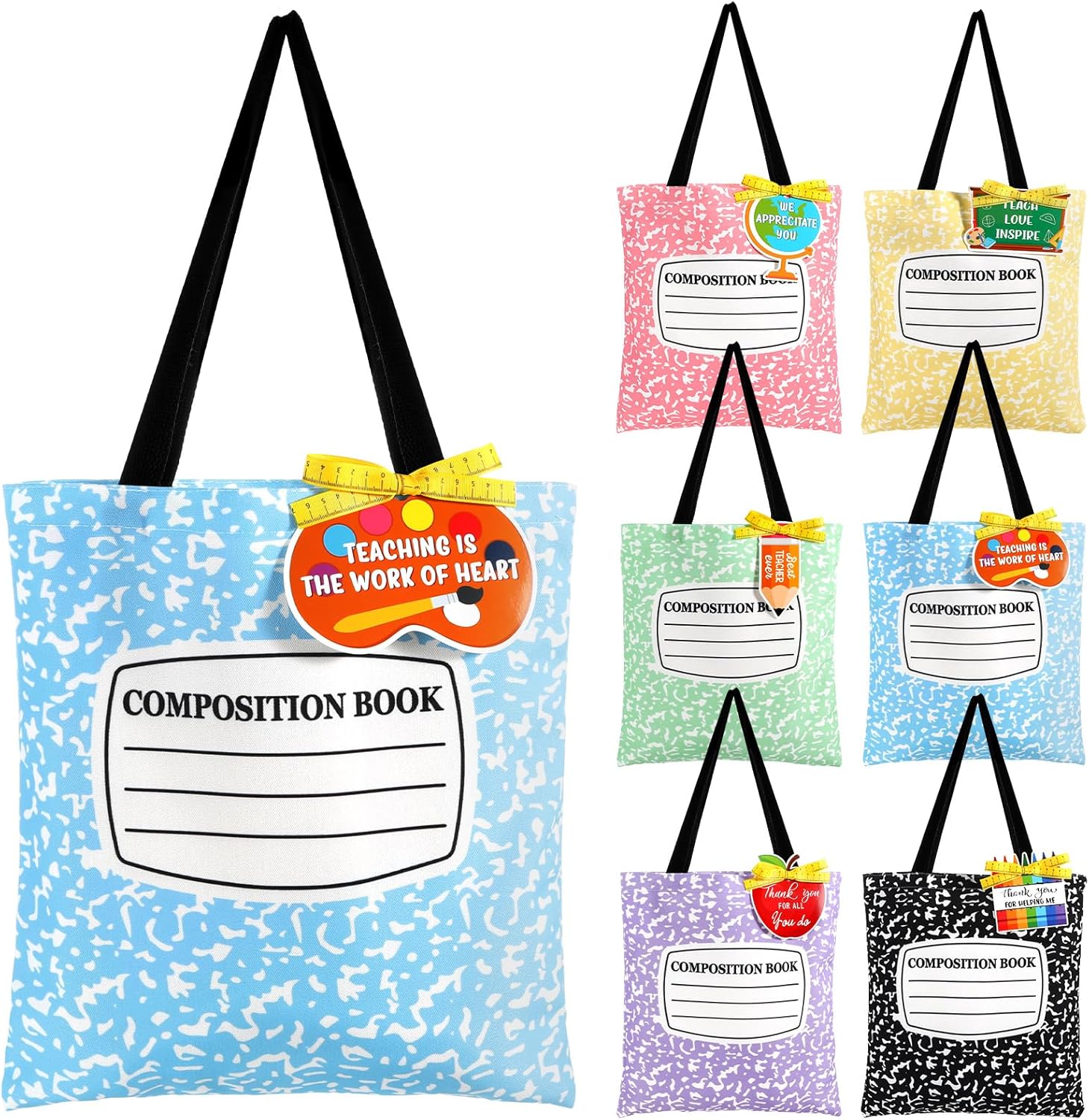 6 Sets Canvas Bags for Teacher Back to School Teacher Appreciation Gifts Tote Bags Canvas Bag with Tags and Ribbons Composition Notebook Reusable Grocery Bag Bulk for School Office Classroom Teachers