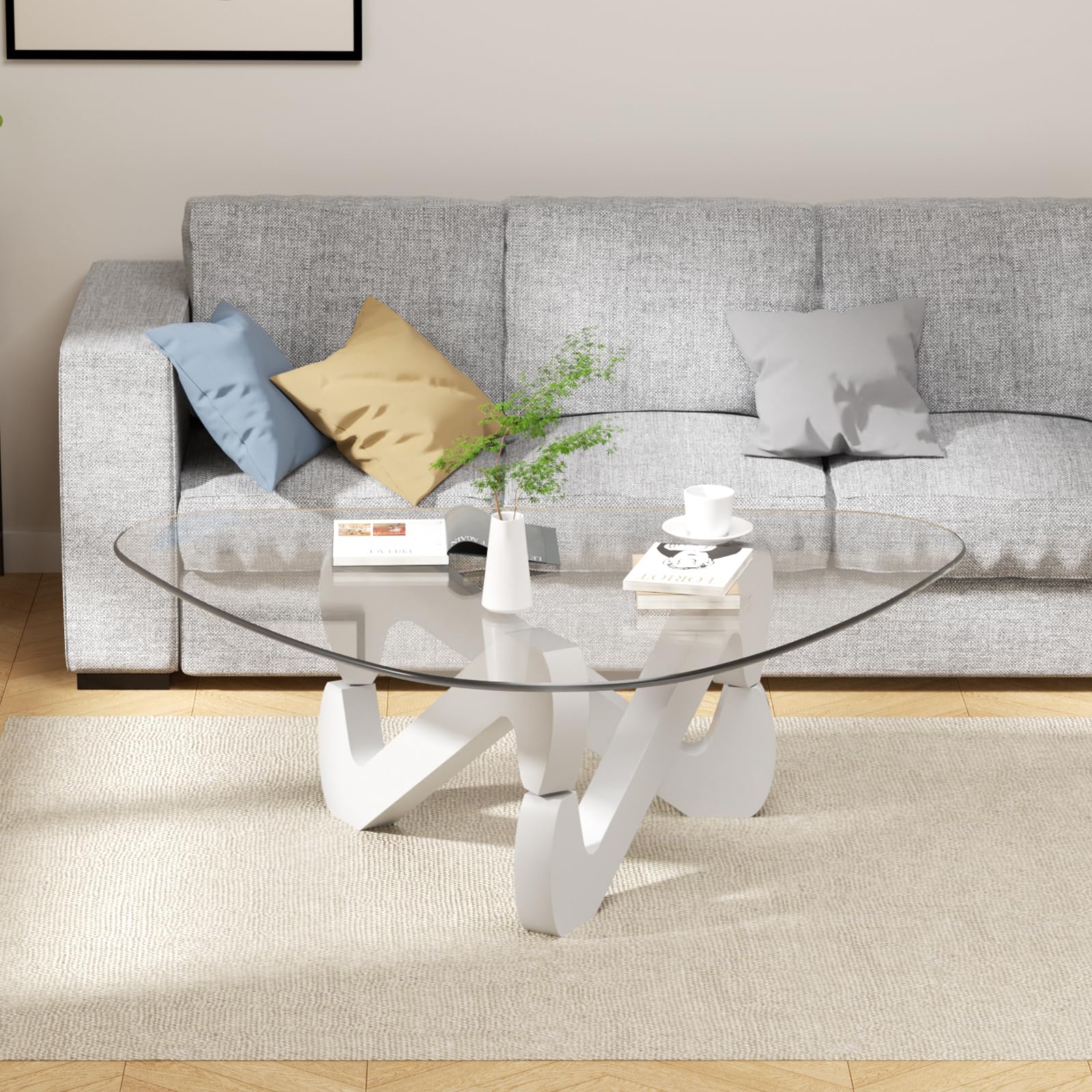 Tavolino da centro in vetro triangolare, tavolino moderno con base triangolare in legno massiccio e vetro temperato spesso, tavolino ausiliare, tavolino elegante per soggiorno ufficio, 82 x 57 x